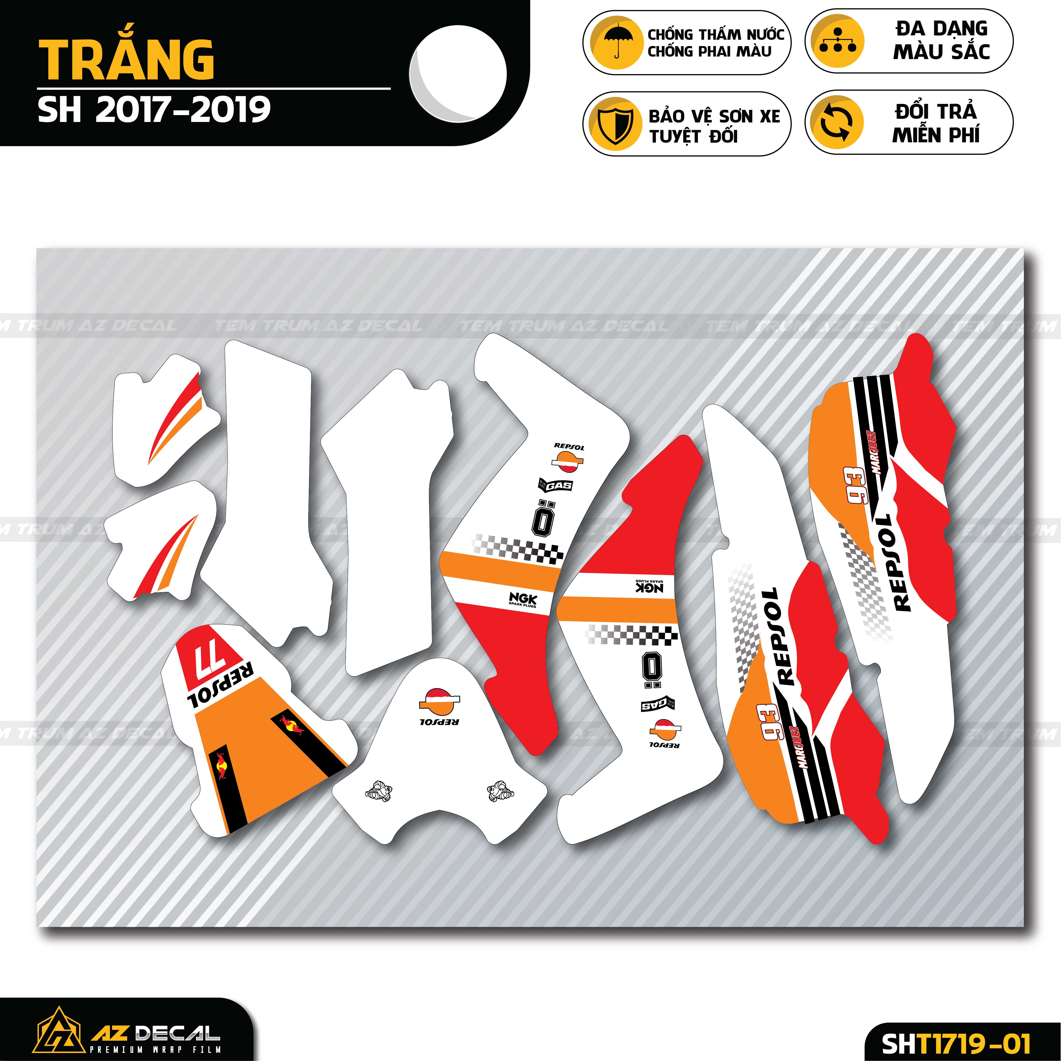 Tem trùm xe Honda Sh màu trắng cam mẫu Repsol