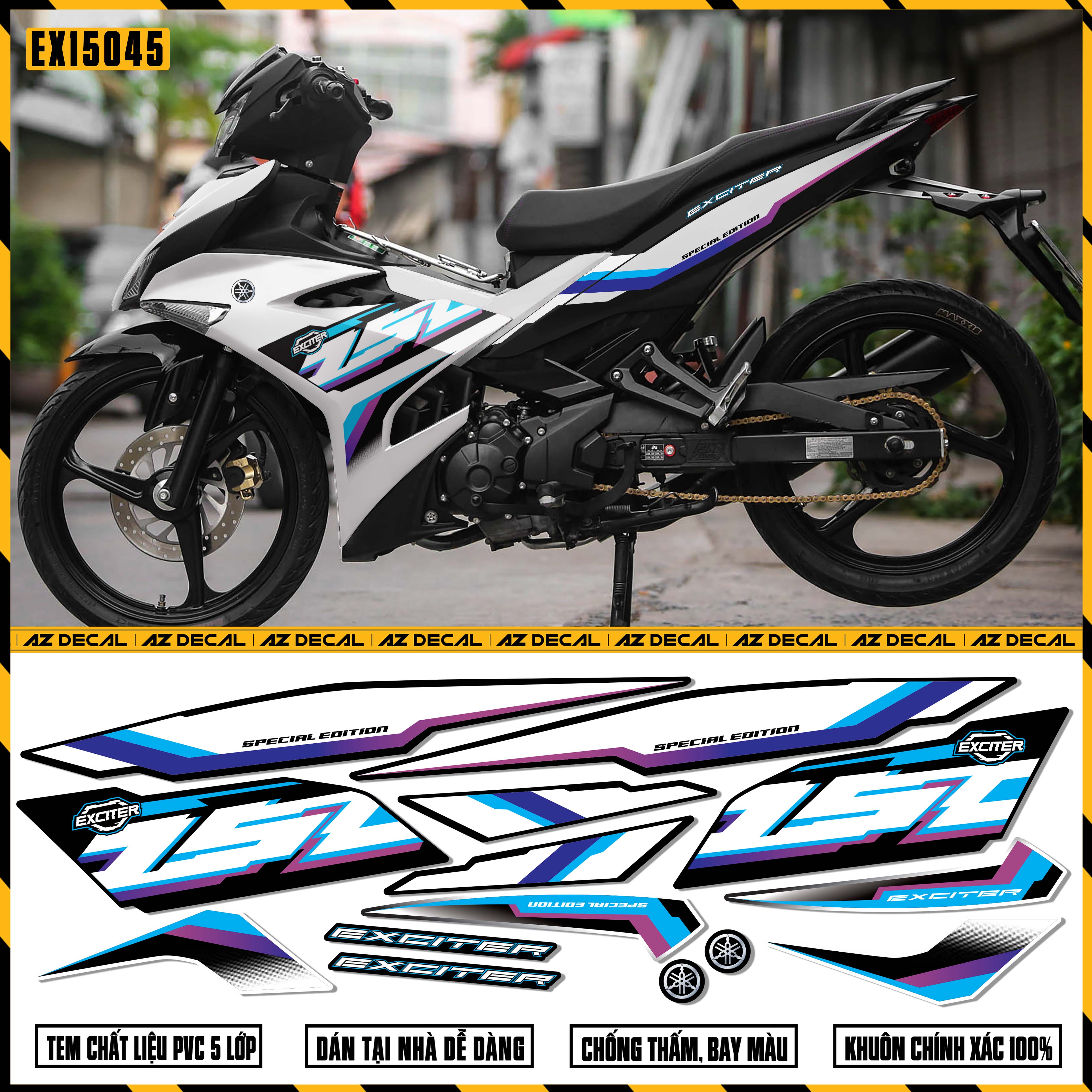 Tem xe Exciter 150 trắng xanh đẹp