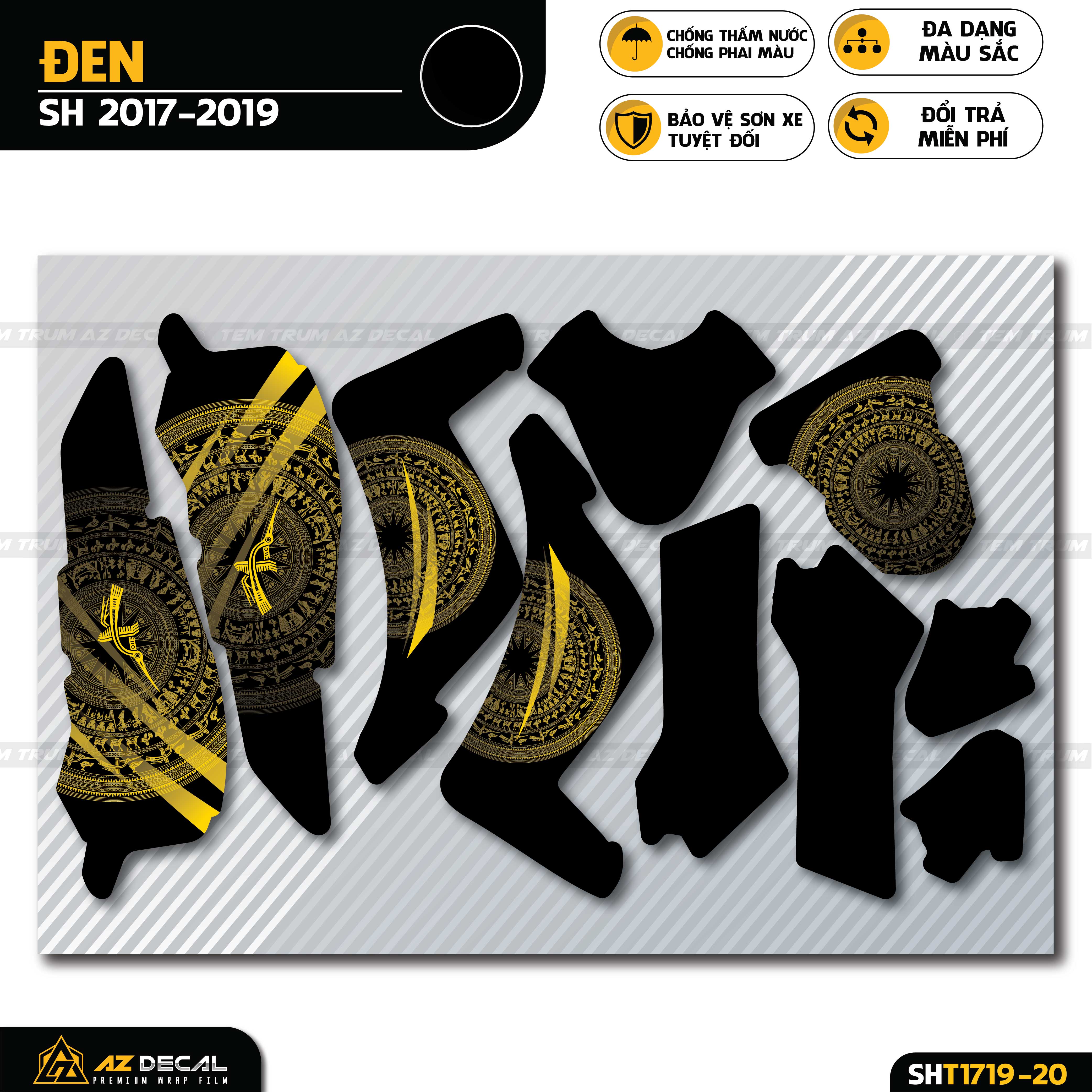 Dán tem trùm SH đen mẫu Trống Đồng màu vàng đồng