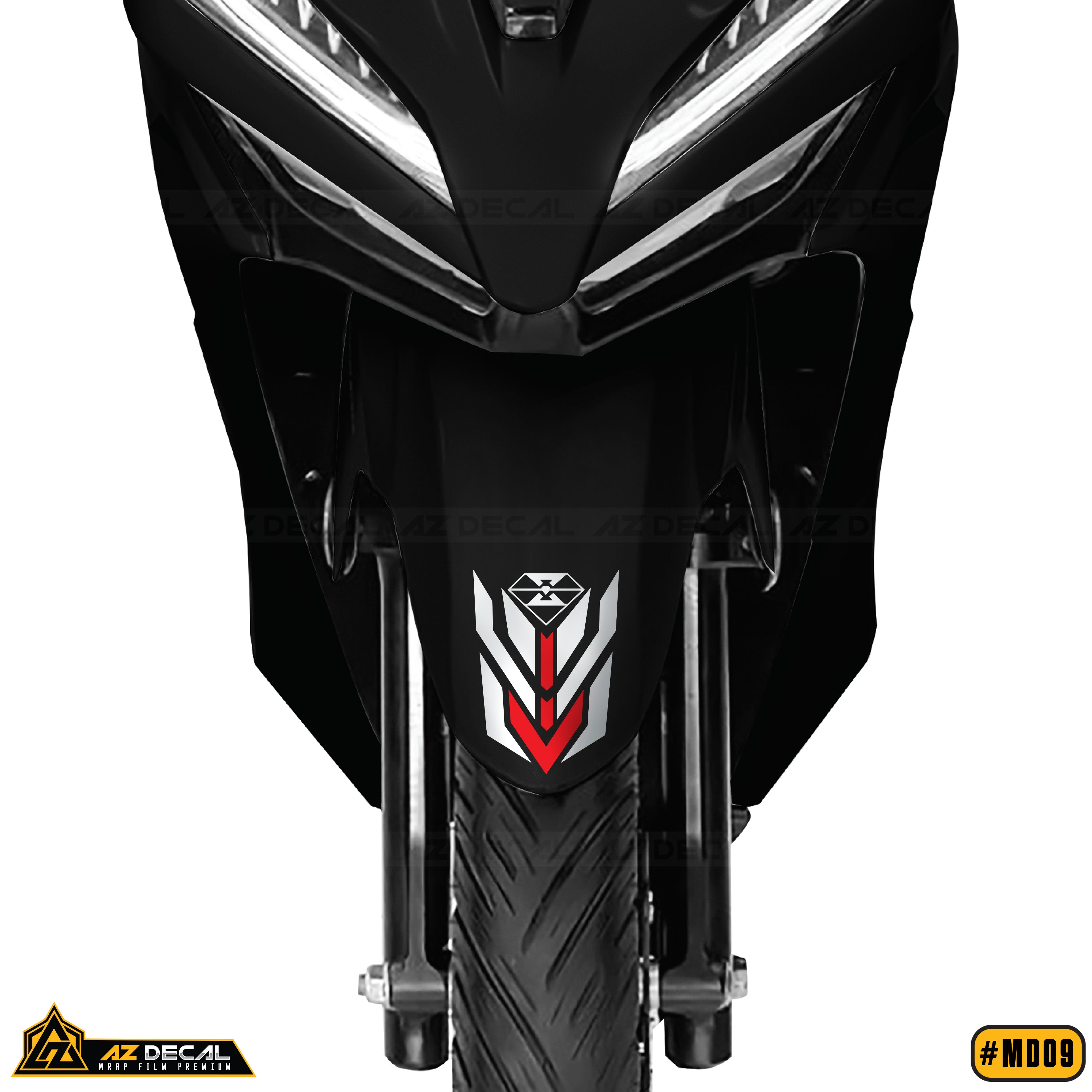 Hình thực tế tem dán dè trước xe máy màu trắng đen mẫu MD09