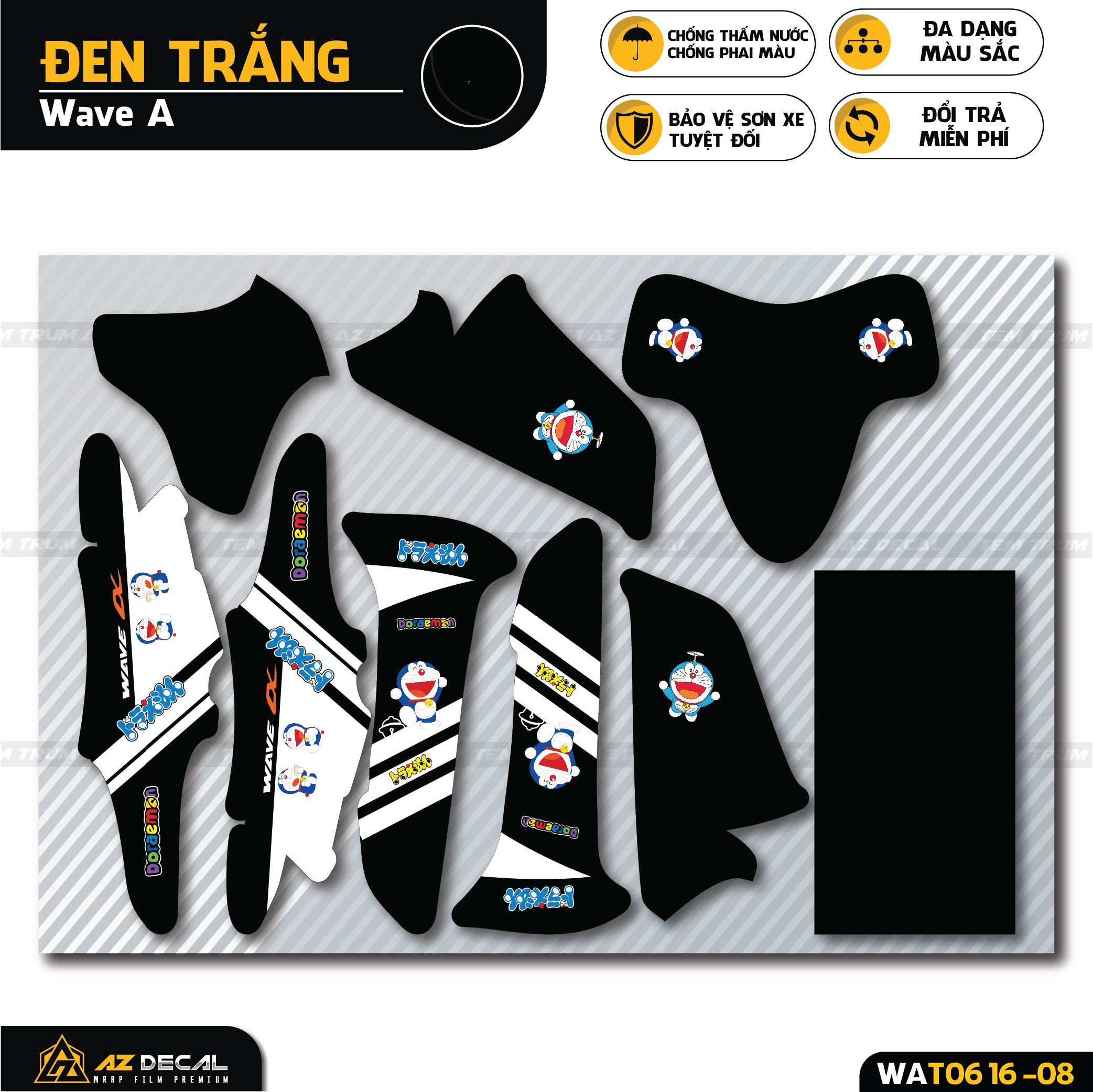 Tem xe Wave Alpha màu đen trắng phong cách Doraemon