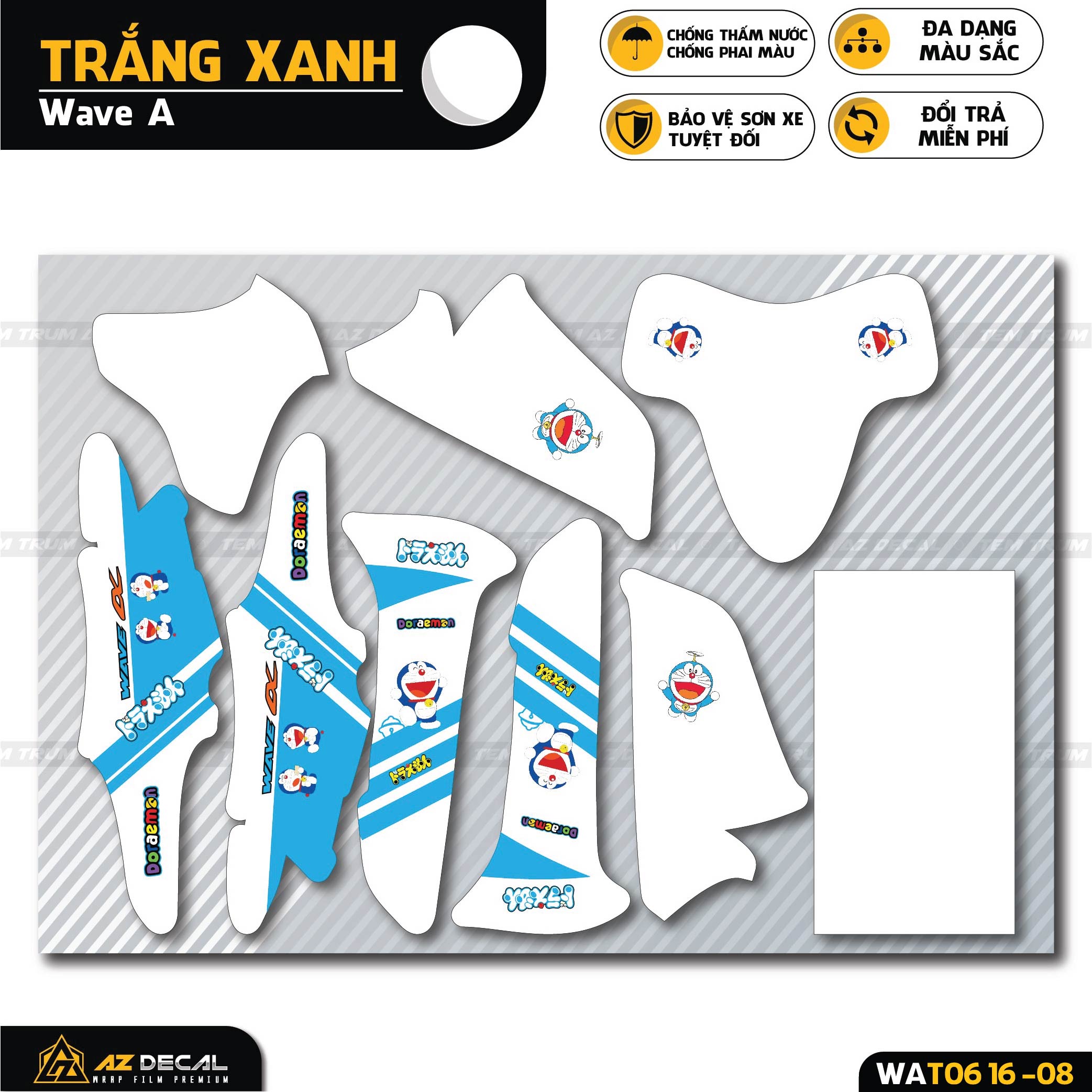 Decal dán xe Wave Alpha màu trắng xanh