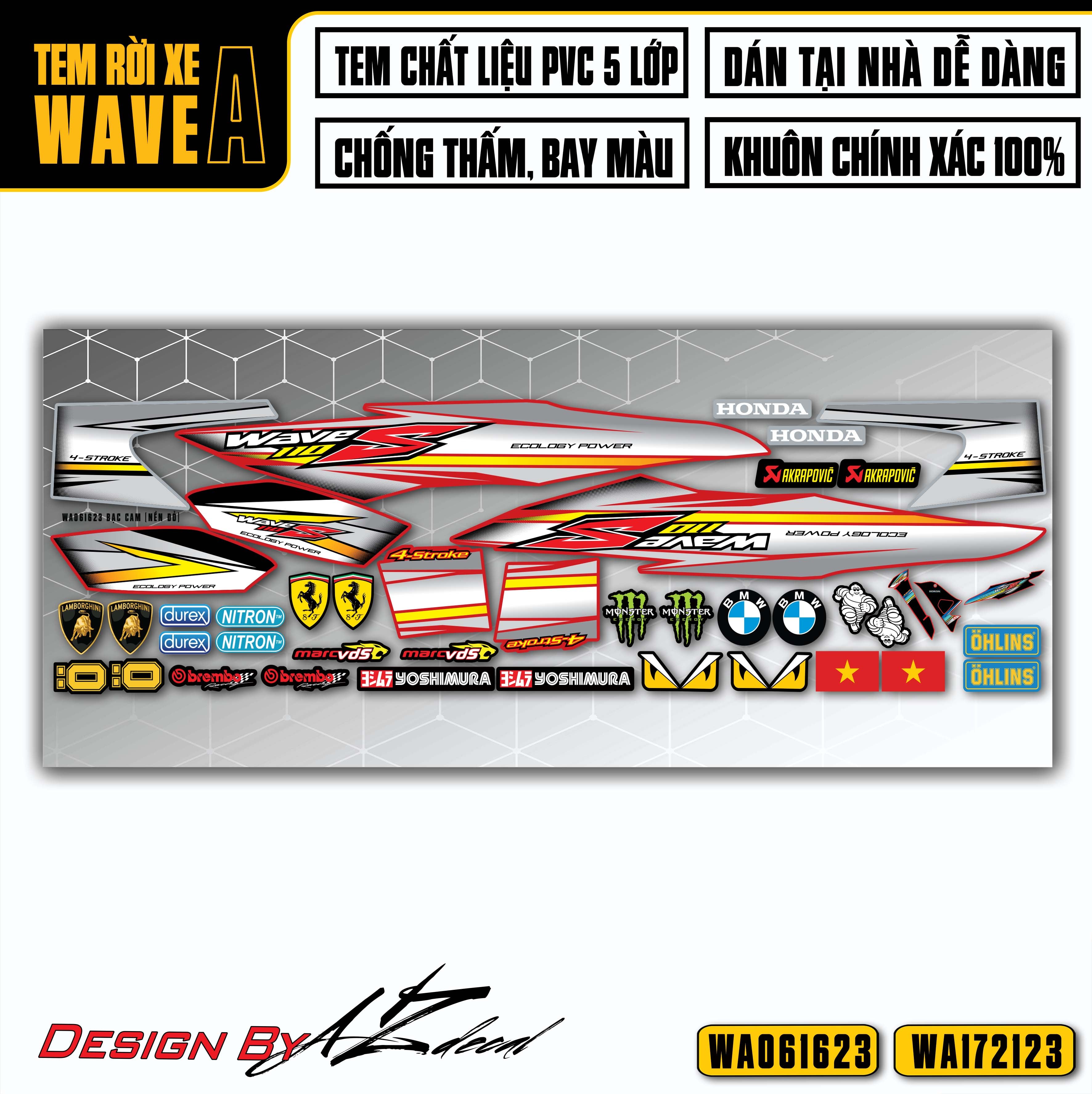 Tem xe Wave A 50cc 100cc 110cc màu bạc cam nền đỏ