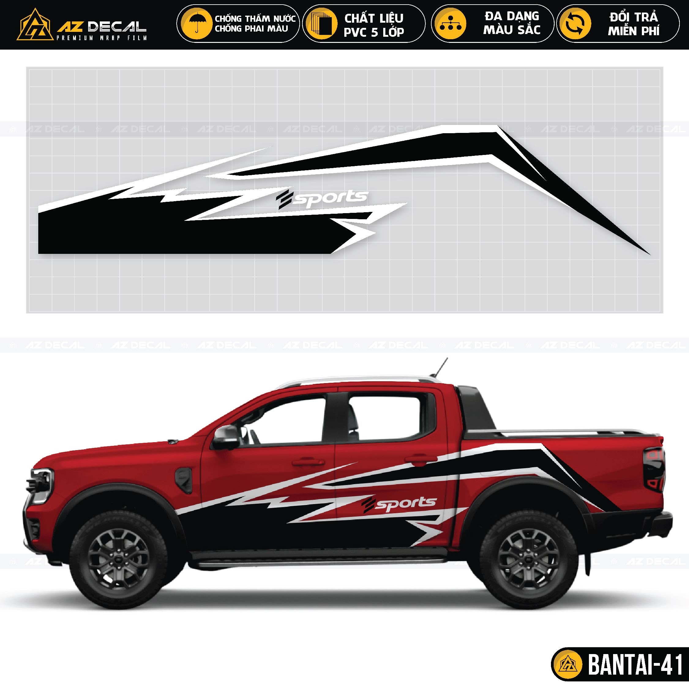 Tem dán sườn xe bán tải hình Sport màu đen