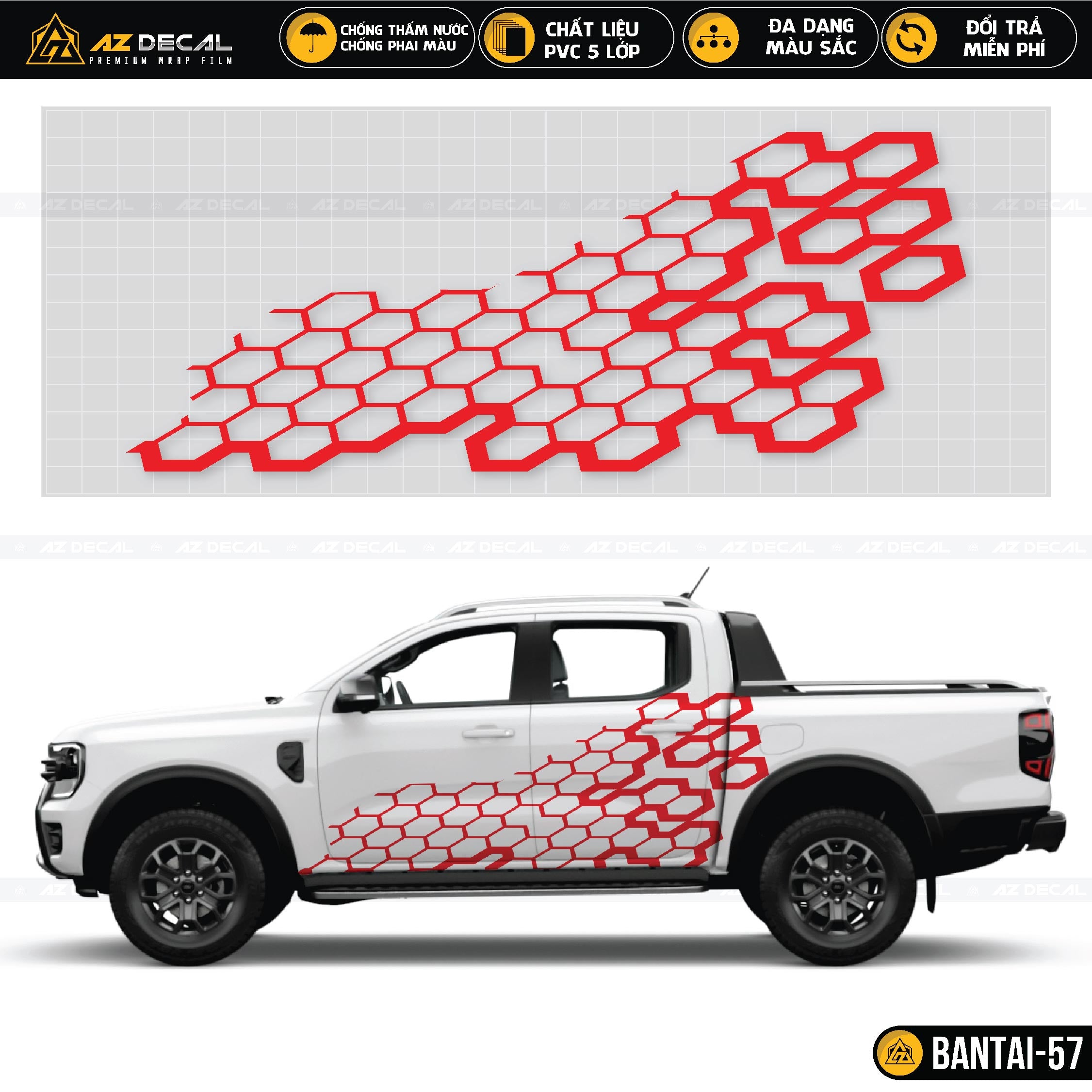 Dán xe bán tải decal hình tổ ong màu đỏ độc đáo