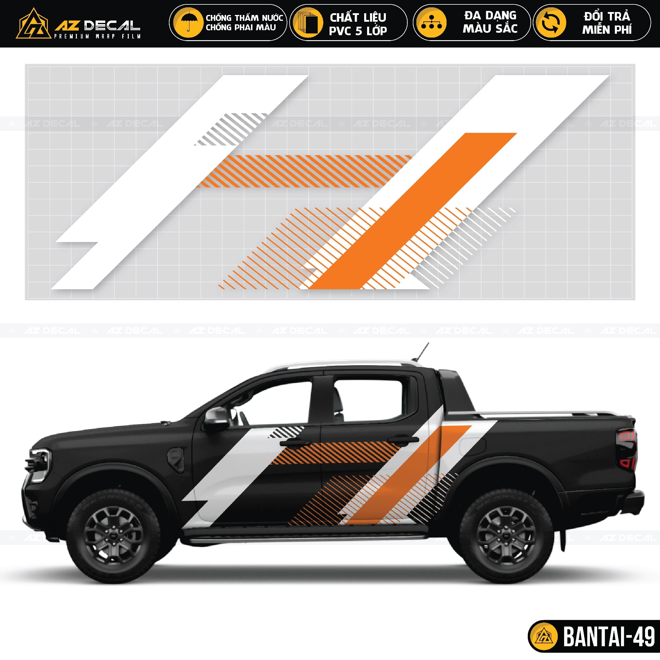 Tem dán sườn xe bán tải kiểu hình khối hiện đại màu cam trắng
