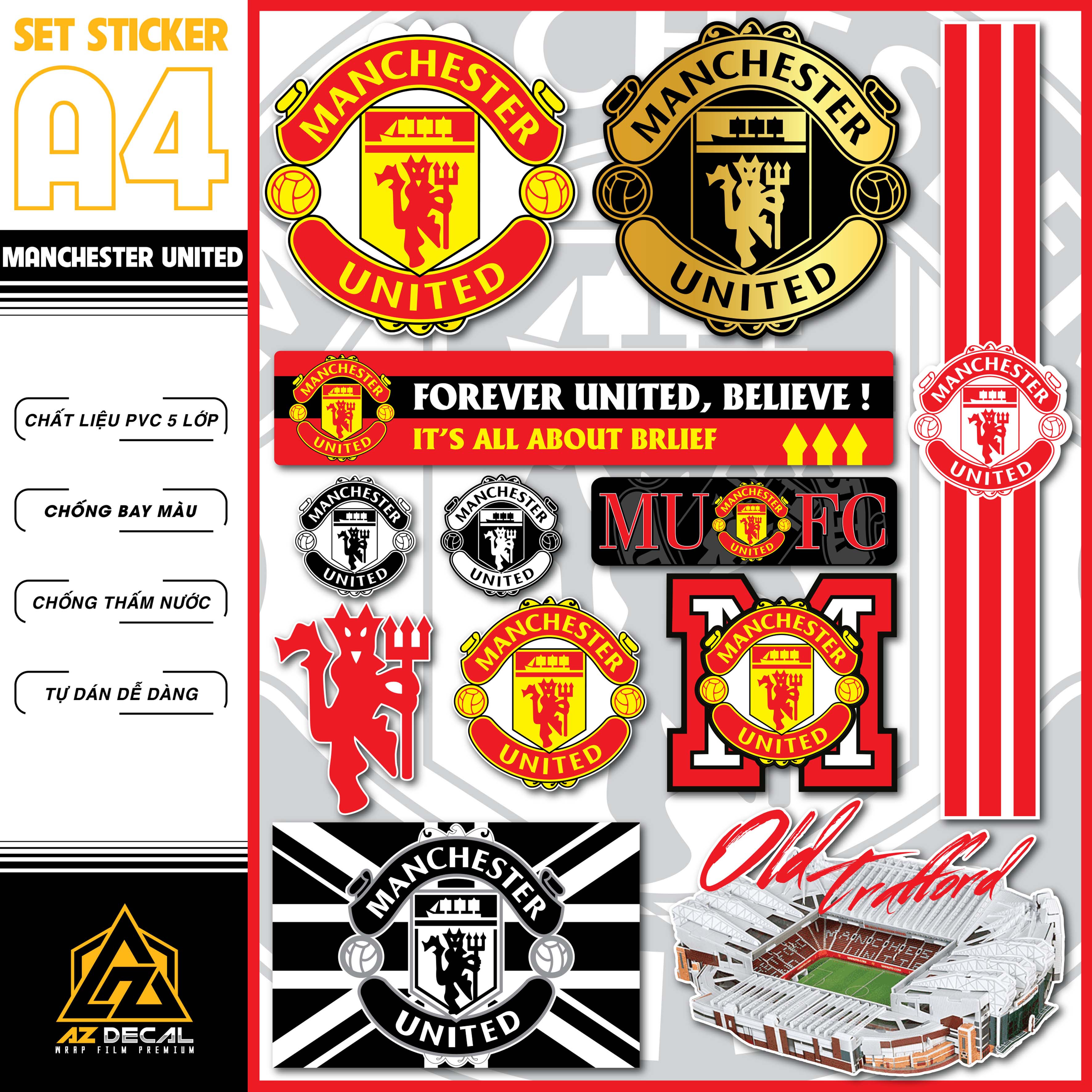 Sticker Dán Xe Máy, Xe Điện, Xe Đạp, Mũ Bảo Hiểm | Bóng Đá - Manchester United MU1