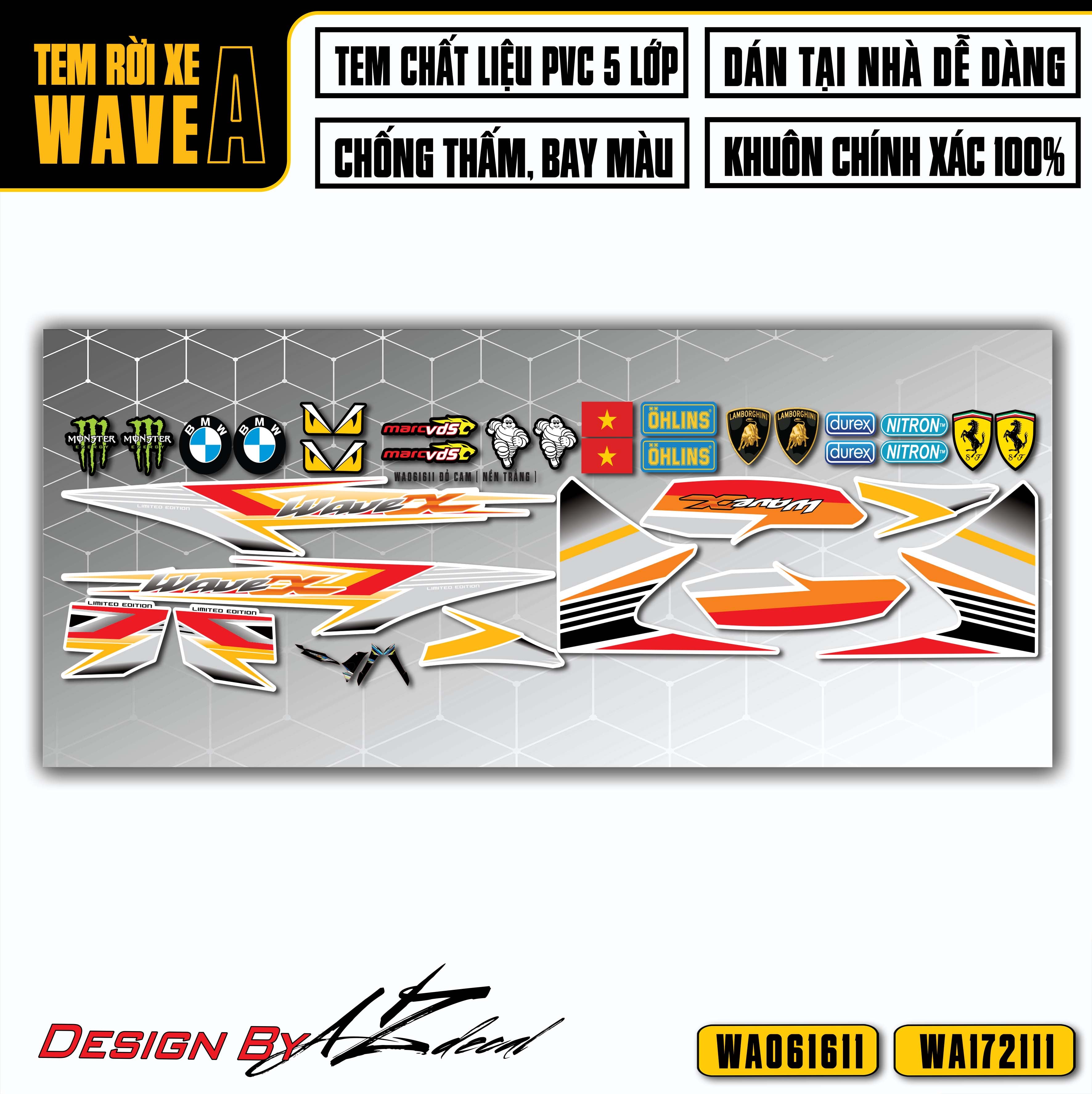 Tem rời dán xe Wave Alpha màu đỏ cam dành cho xe trắng