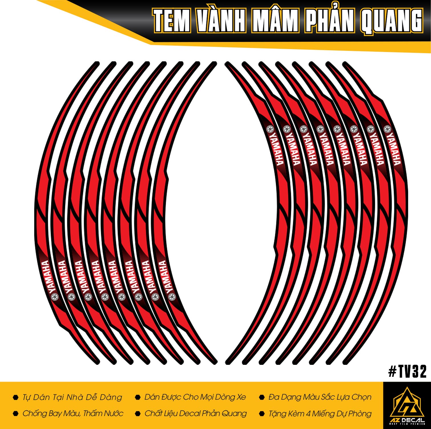 Decal dán bánh xe mẫu Yamaha màu đỏ