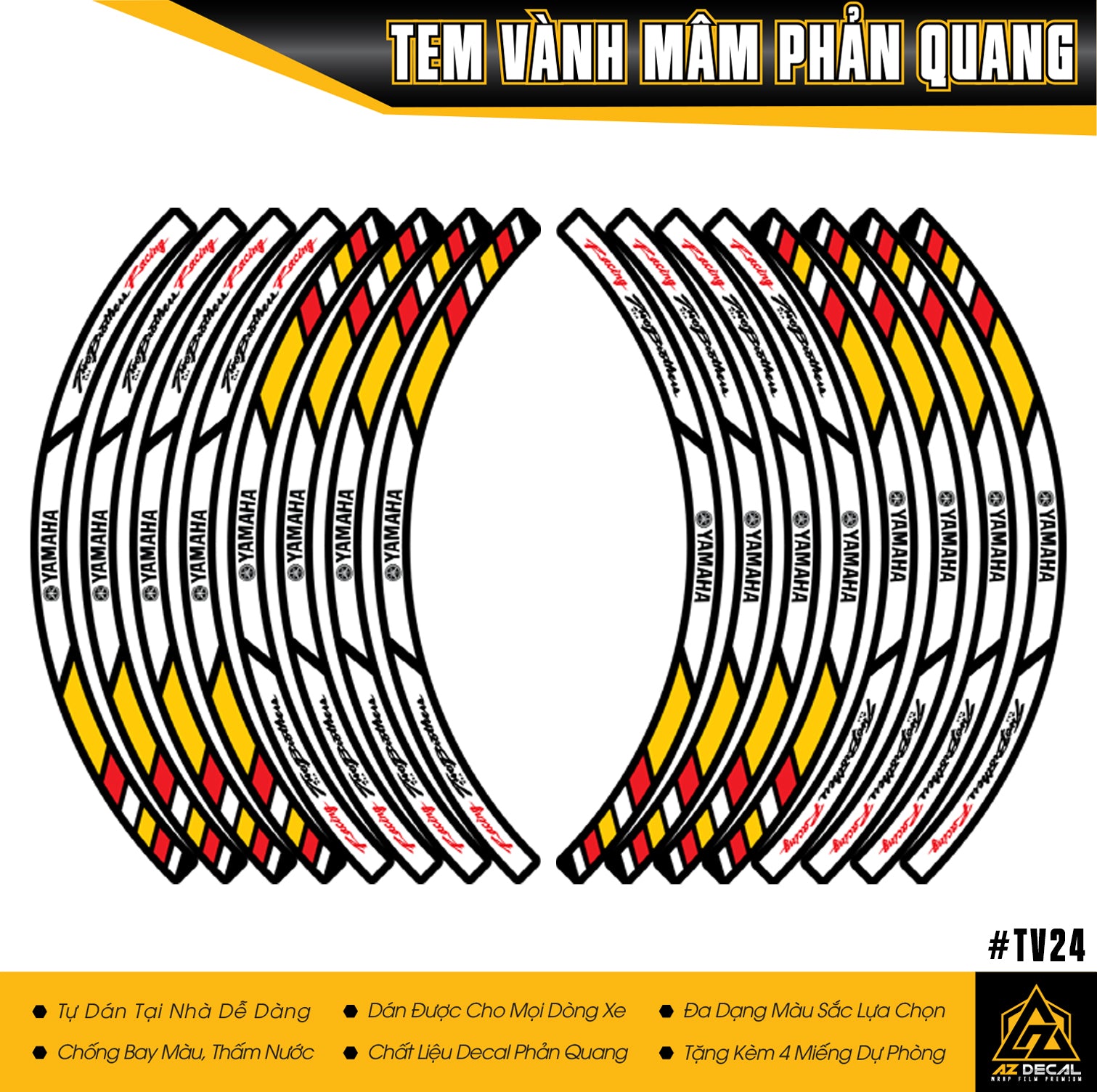 Tem dán vành phản quang mẫu Yamaha M Performance màu đỏ vàng trắng