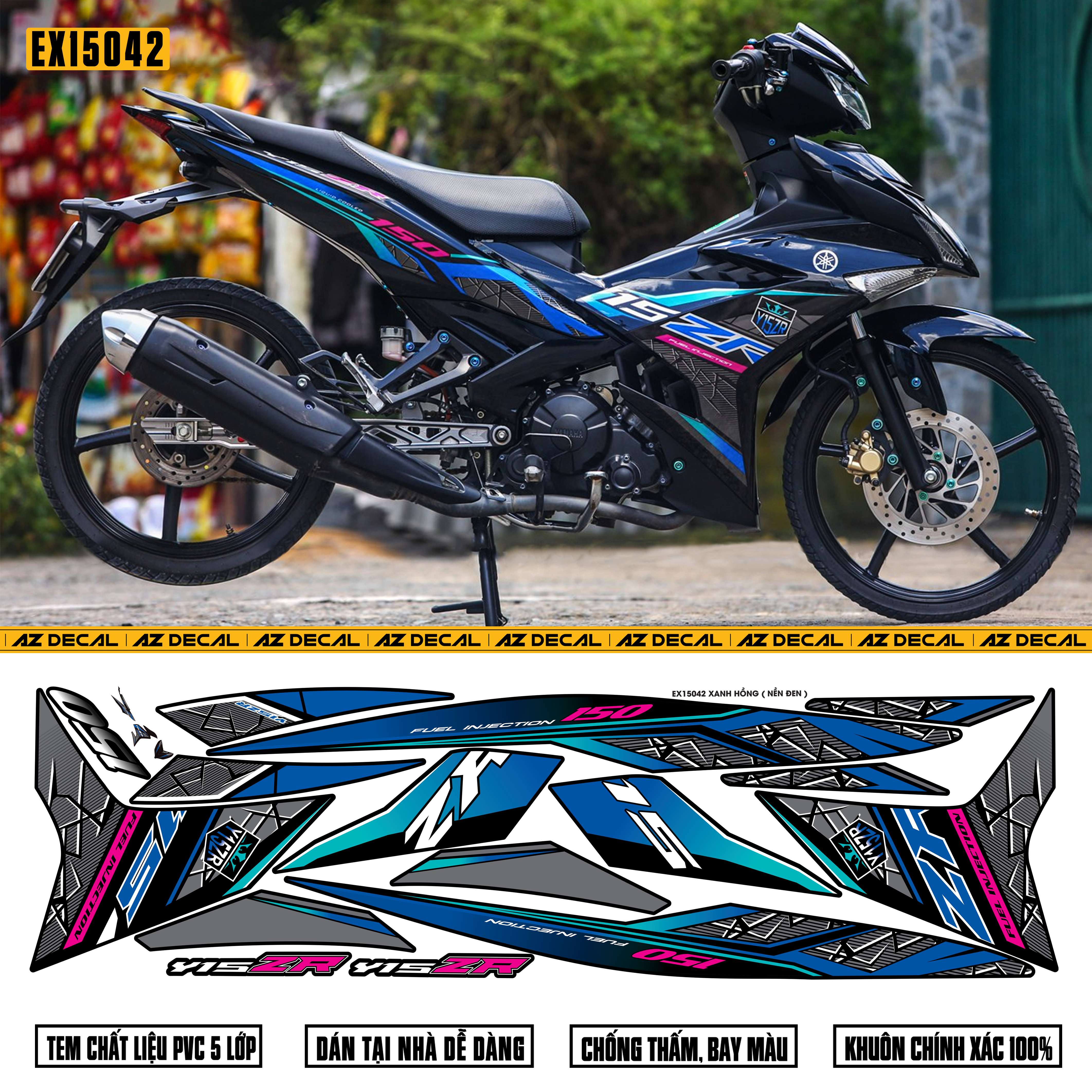 Hình ảnh thực tế tem xe Exciter 150 mẫu Y15ZR đen hồng