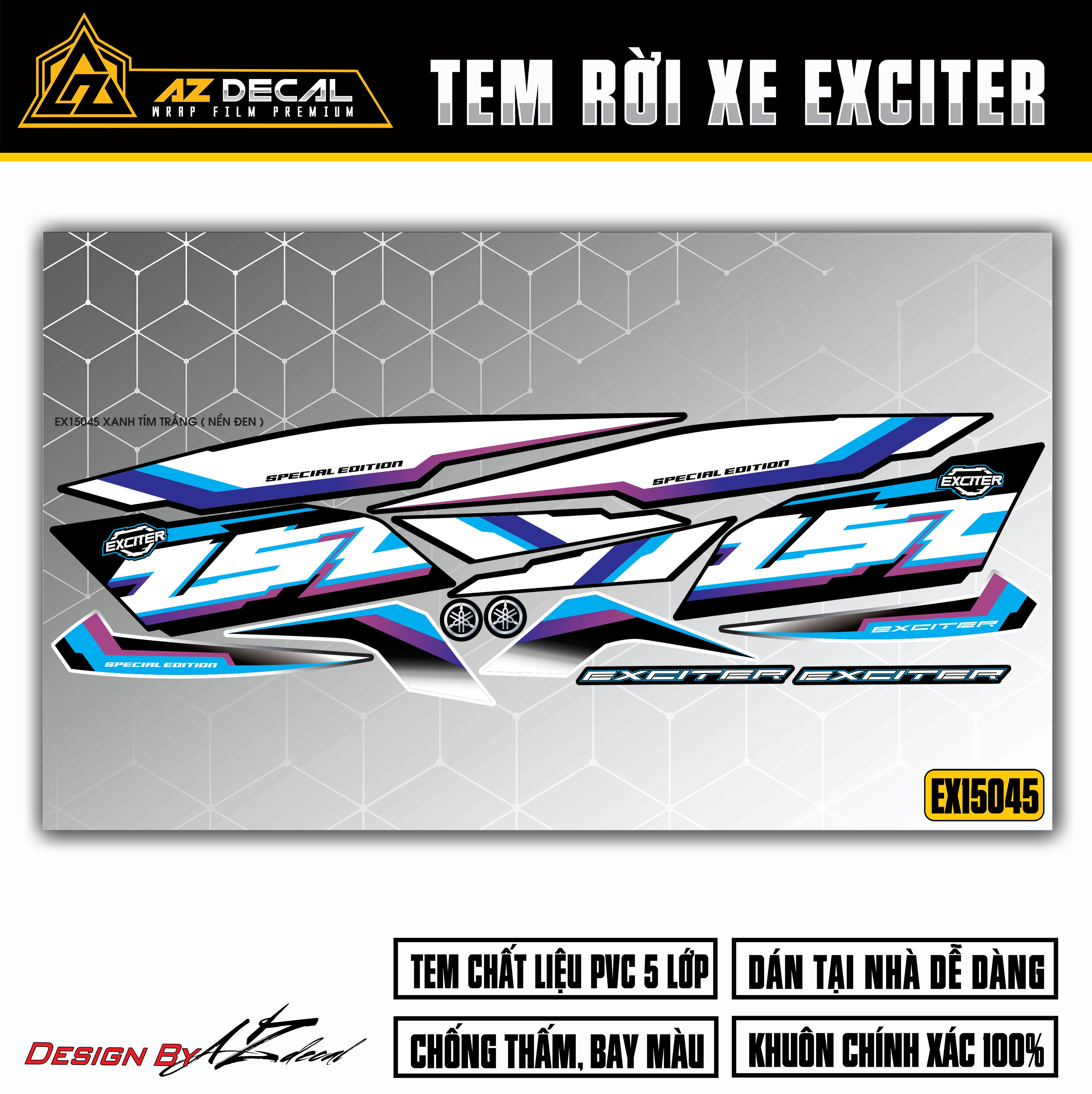 Chi tiết mẫu tem dán xe Exciter 150 xanh trắng