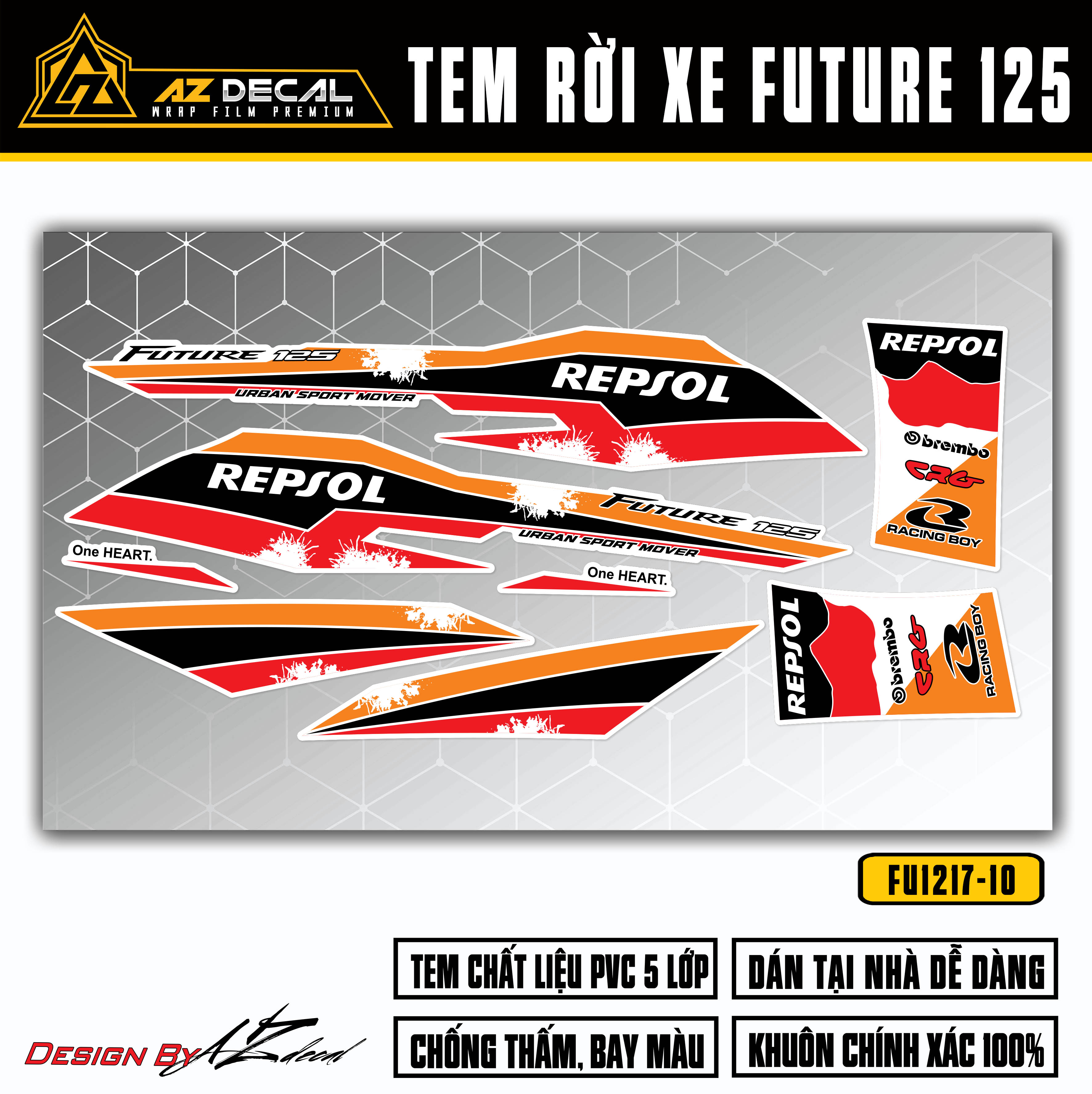 Tem rời Future 125 FI màu cam đen nền trắng mẫu Repsol