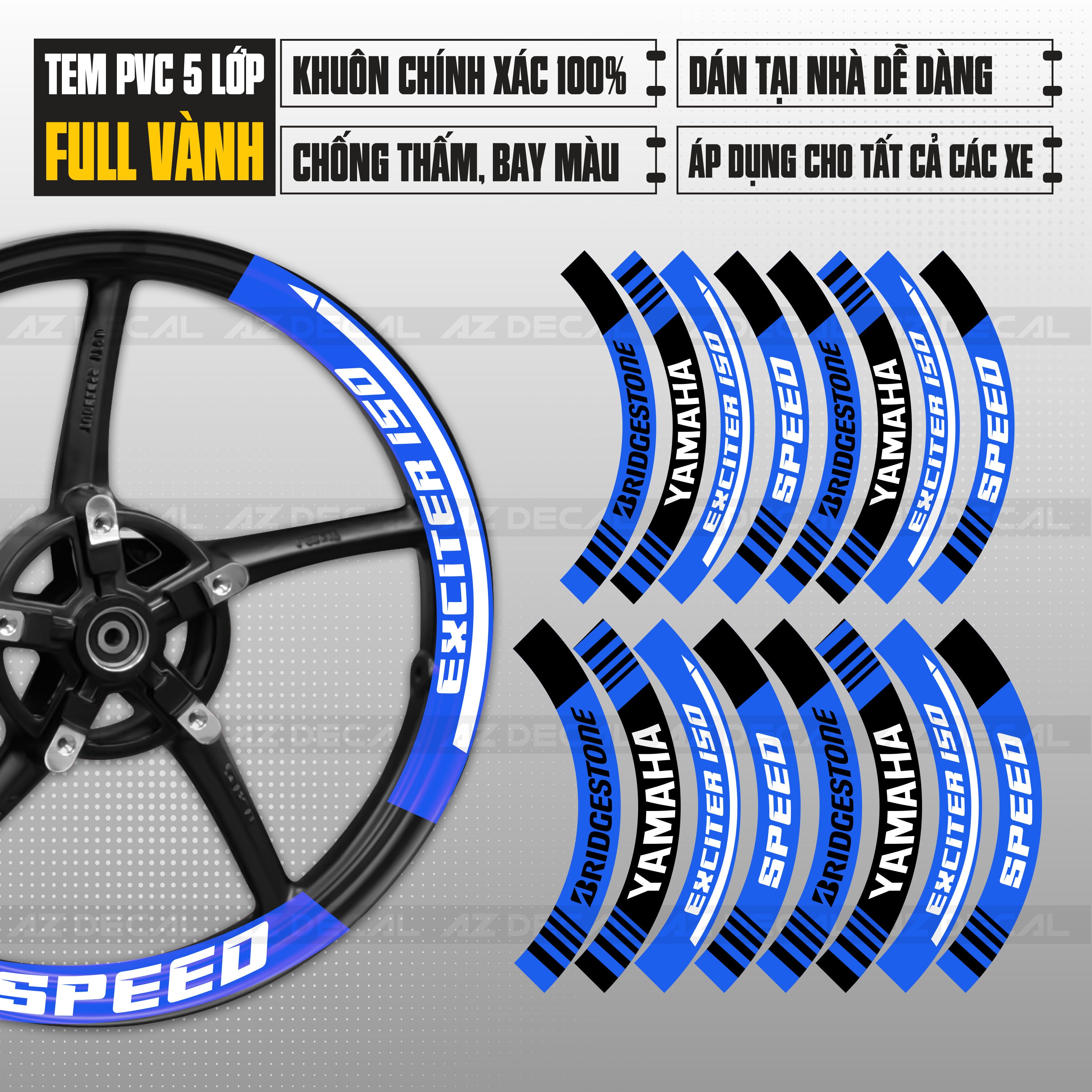 Tem dán vành bản to cho Exciter 150 xanh GP