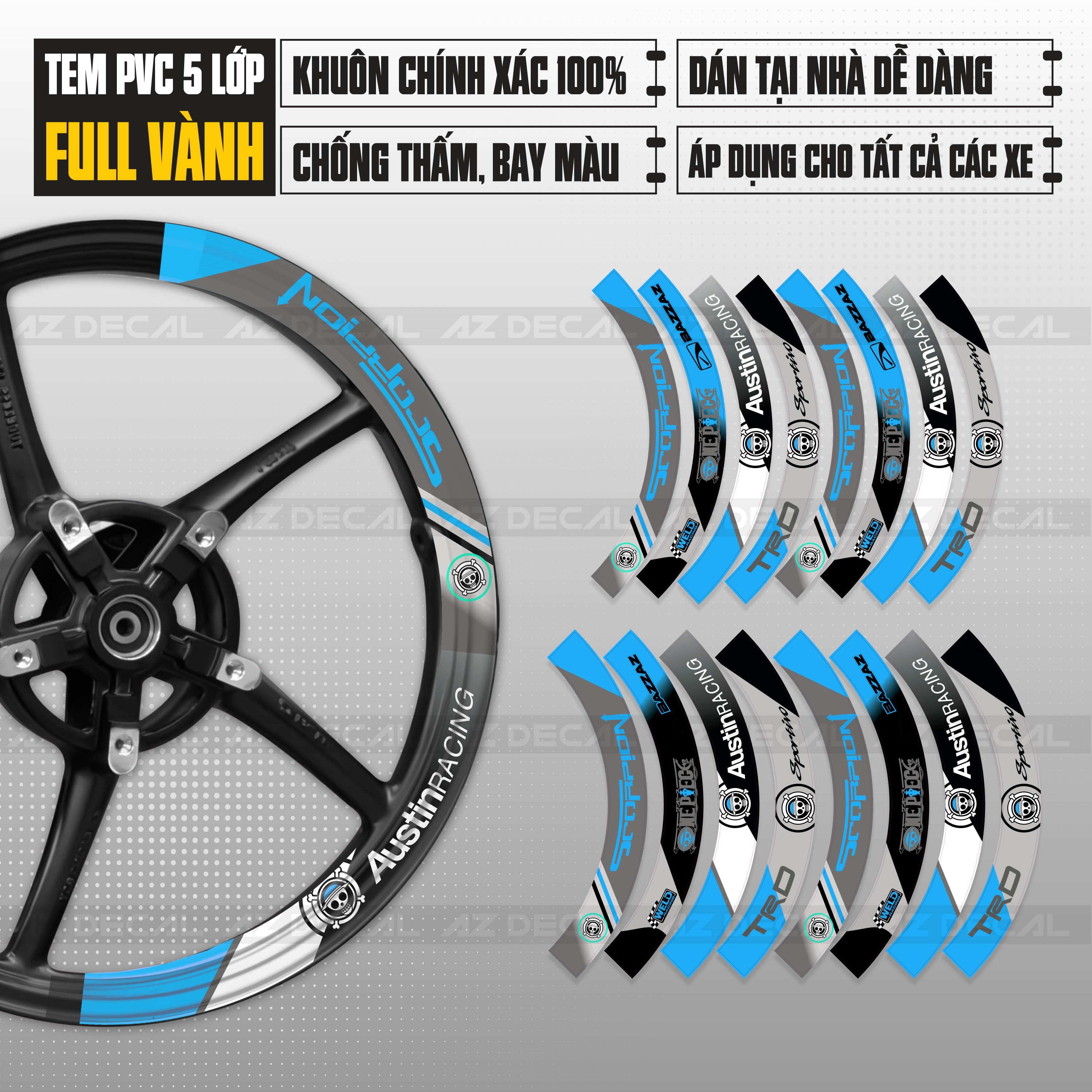 Tem dán vành xe máy mẫu TRD Xanh