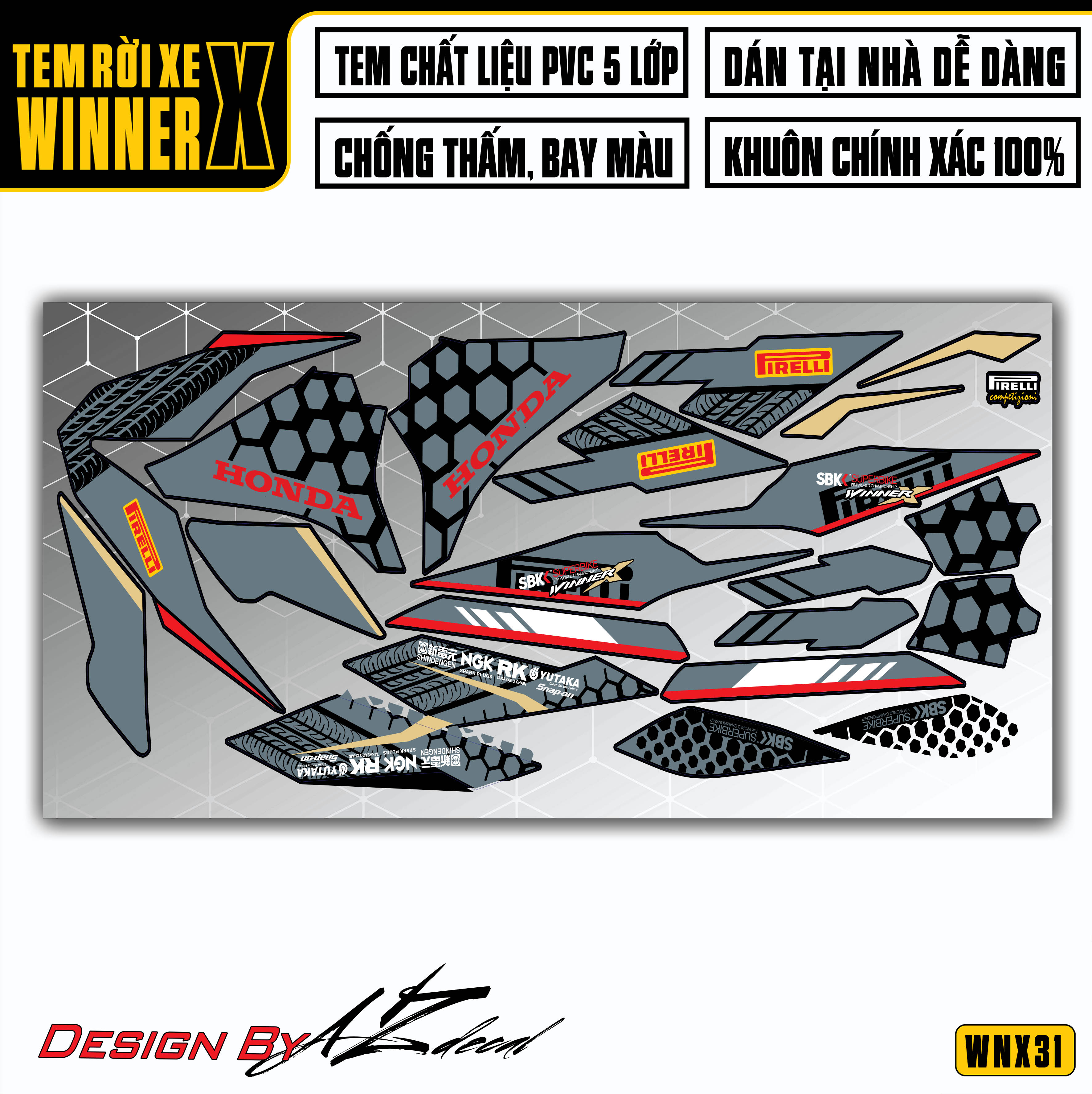 Tem Xe Winner X Xám Đỏ Phong Cách Firelli