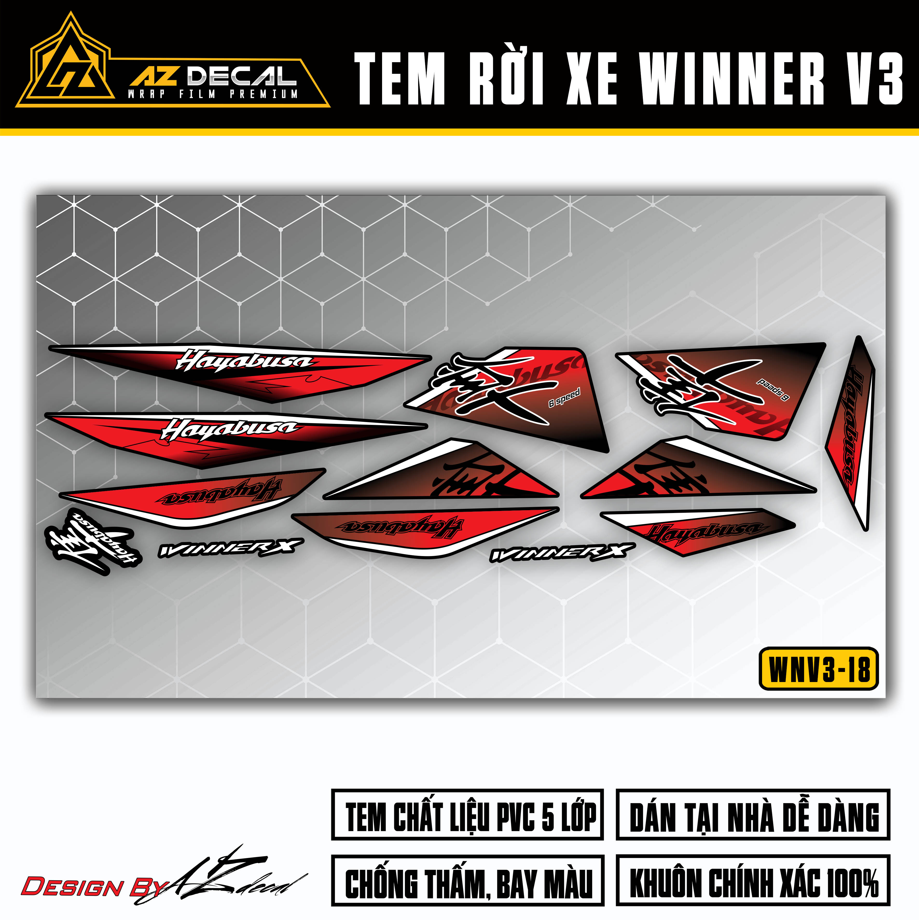 Chi tiết mẫu tem rời Winner X 2022 đỏ đen Hayabusa