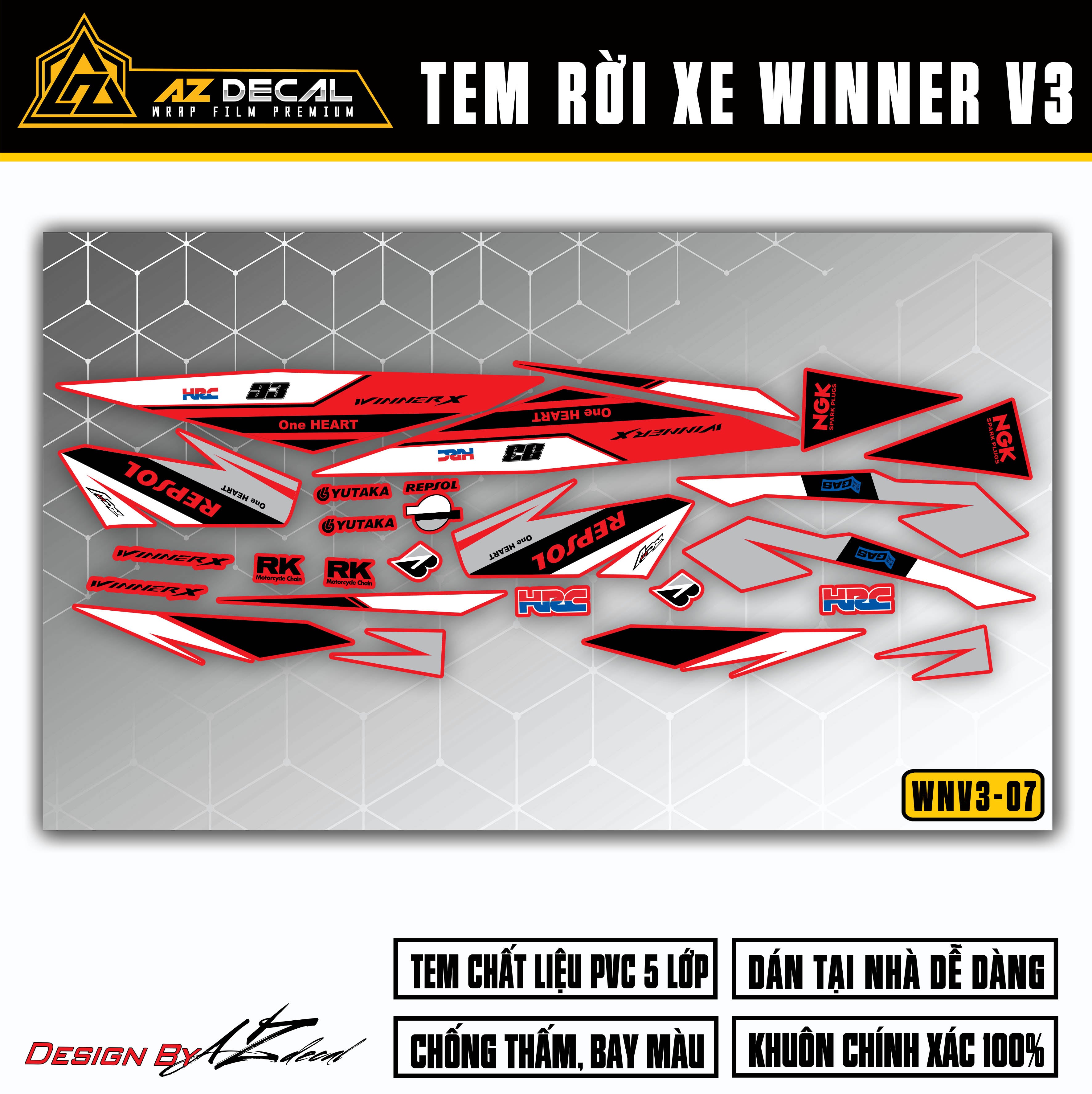 Tem chế Winner v3 phong cách Repsol màu trắng đen (nền đỏ)