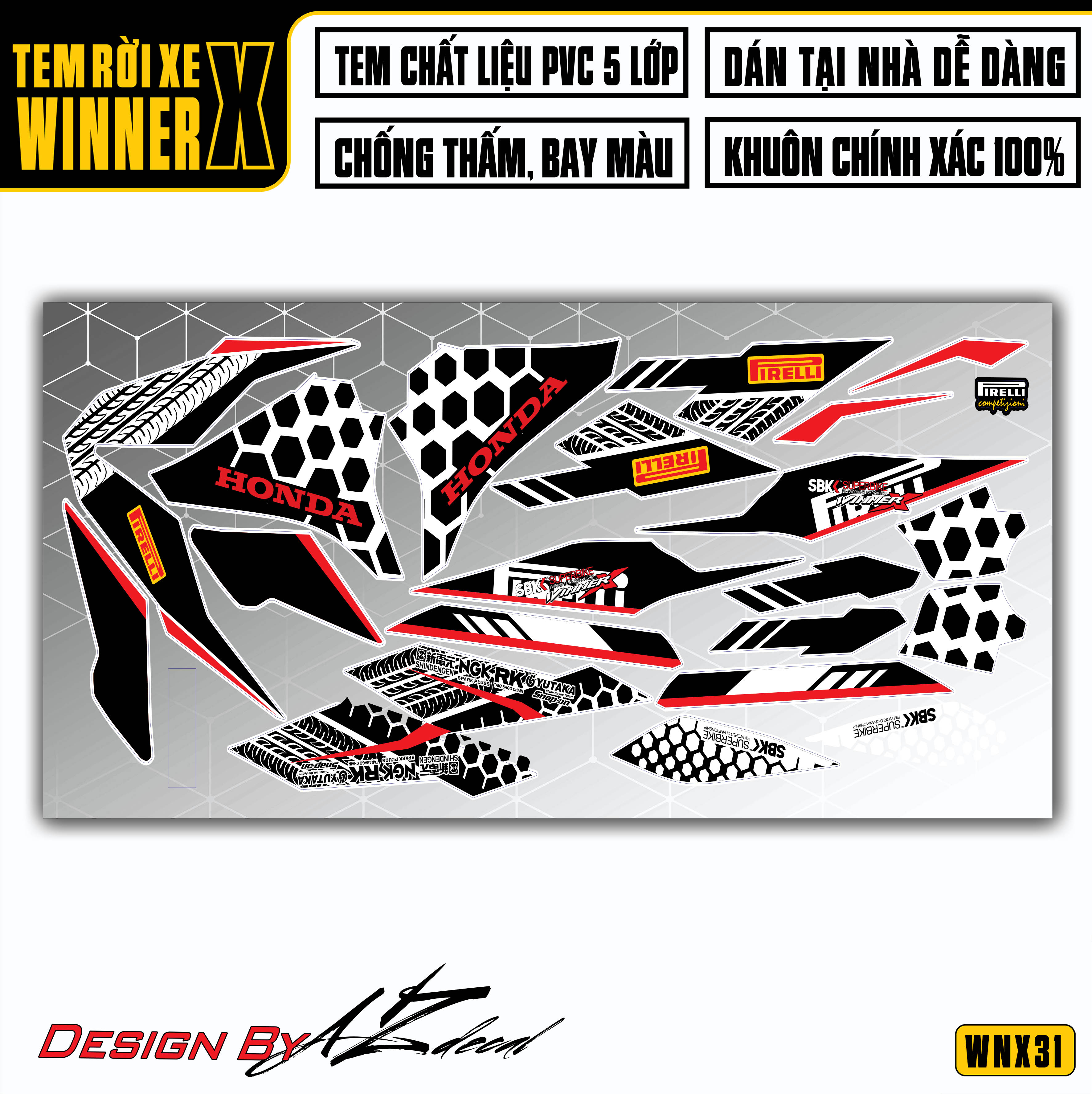 Tem Xe Winner X Đen Đỏ Phong Cách Firelli