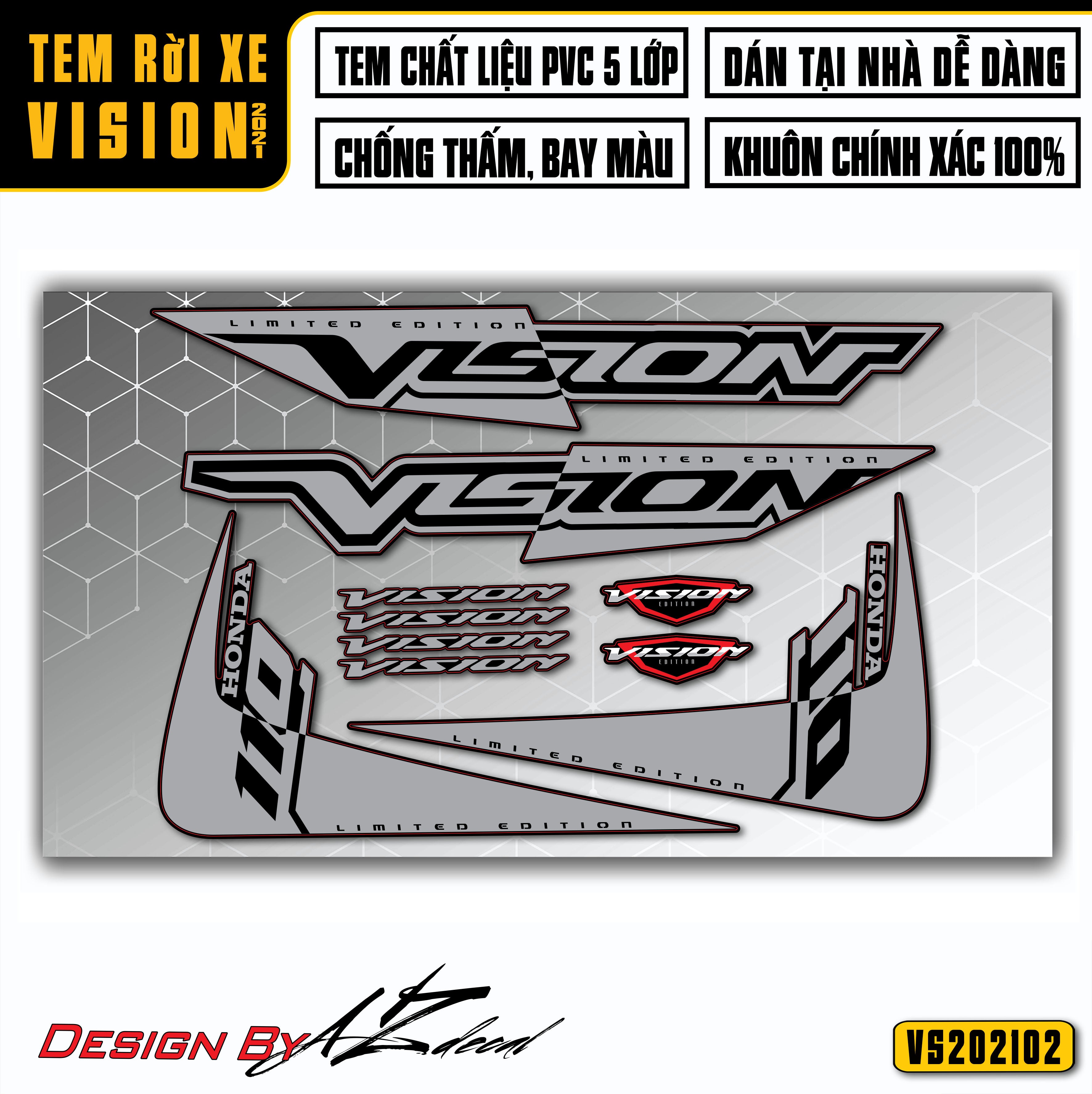 Tem dán xe Vision mẫu VS02 màu bạc (nền đen)