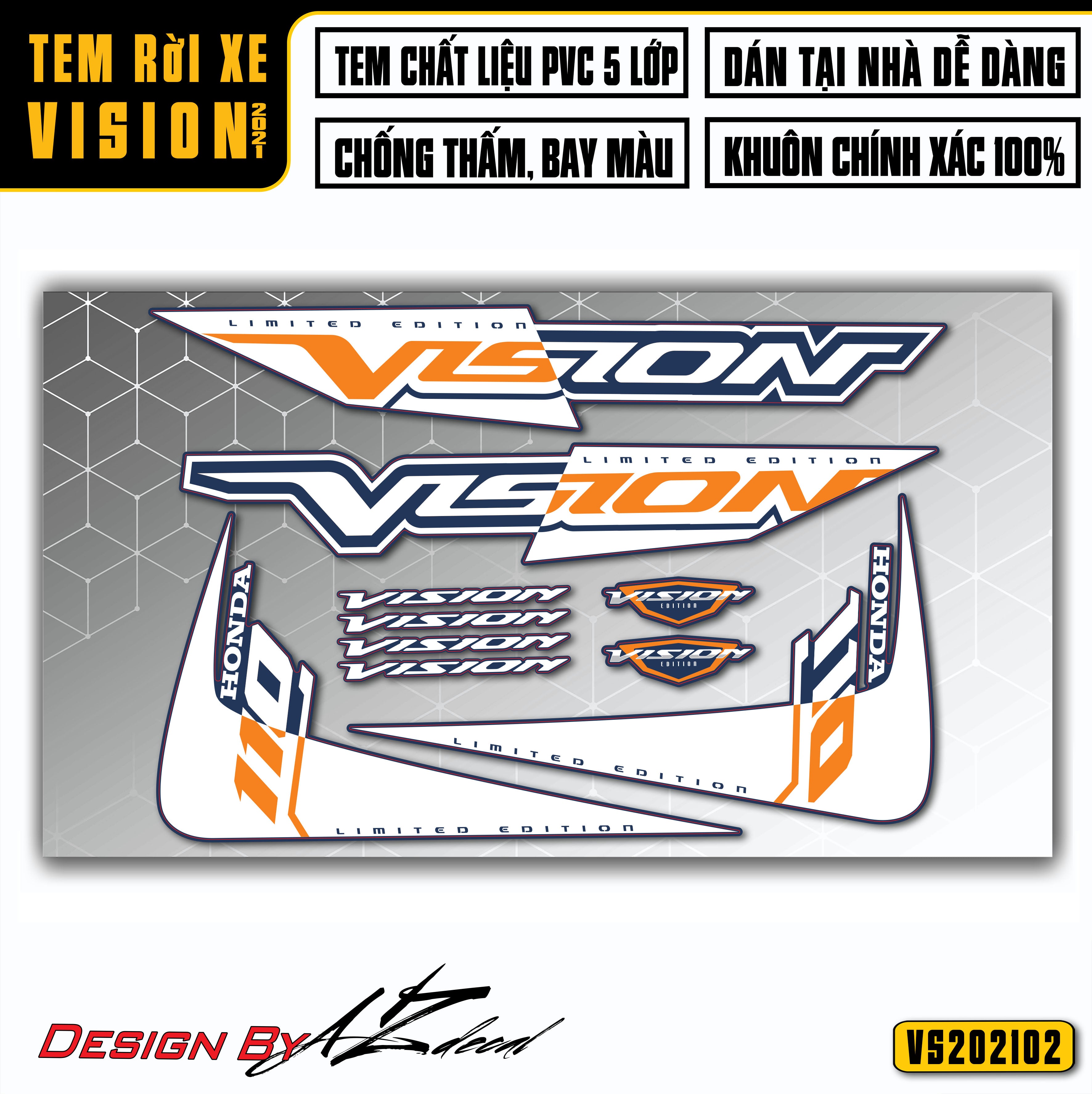 Chi tiết mẫu dán xe Vision màu xanh mẫu VS02 Cam Trắng