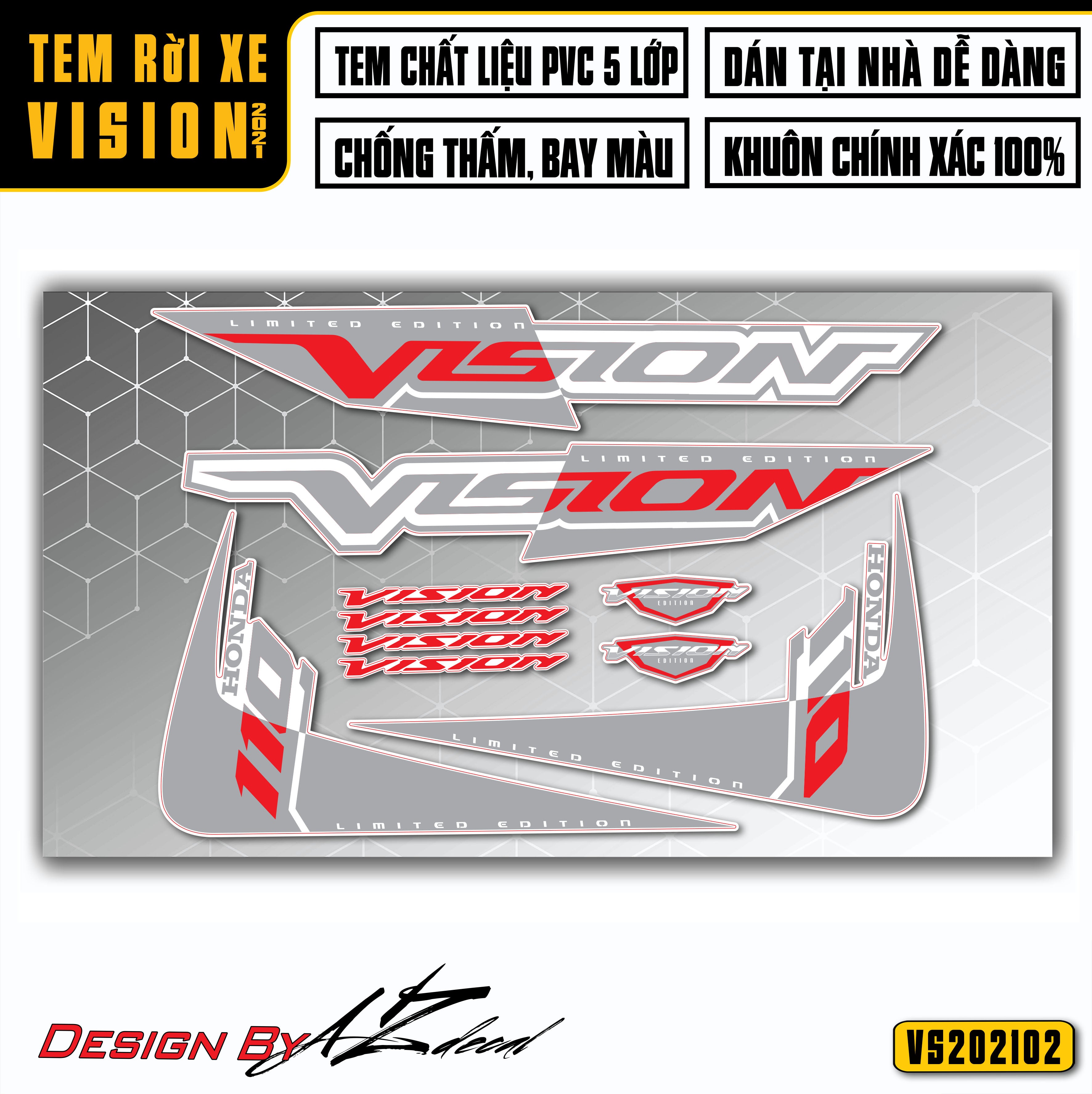 Chi tiết mẫu tem xe Vision chữ cách đều màu xám đỏ (xe trắng)