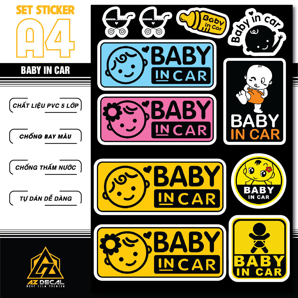 Sticker Dán Ô Tô, Xe Máy, Xe Điện, Xe Đạp, Mũ Bảo Hiểm | SET Trang Trí BABY IN CAR