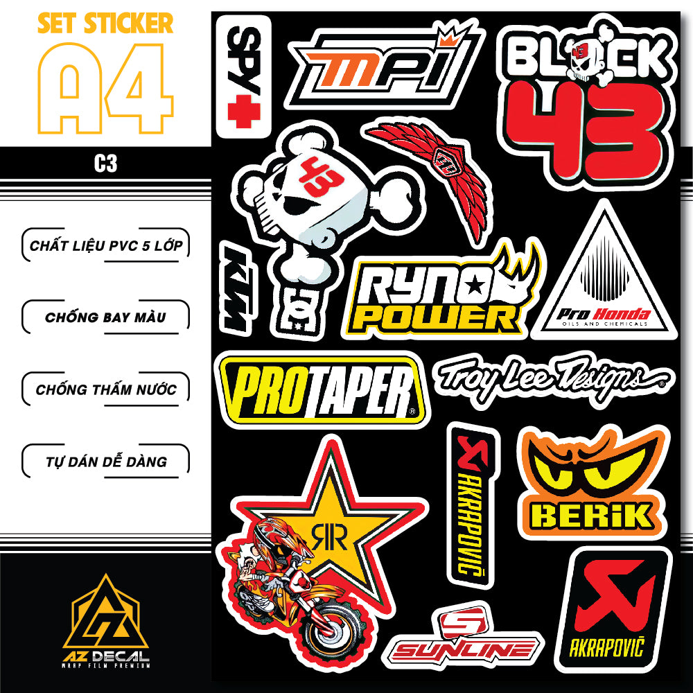Sticker Dán Ô Tô, Xe Máy, Xe Điện, Xe Đạp, Mũ Bảo Hiểm | SET Trang Trí C3