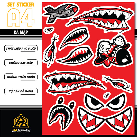 Sticker Dán Ô Tô, Xe Máy, Xe Điện, Xe Đạp, Mũ Bảo Hiểm | SET CÁ MẬP ĐỎ