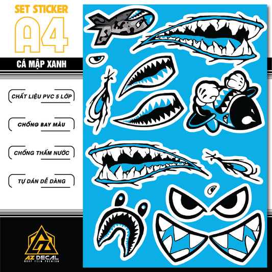 Sticker Dán Ô Tô, Xe Máy, Xe Điện, Xe Đạp, Mũ Bảo Hiểm | SET Trang Trí CÁ MẬP XANH