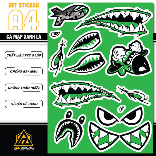 Sticker Dán Ô Tô, Xe Máy, Xe Điện, Xe Đạp, Mũ Bảo Hiểm | SET Trang Trí CÁ MẬP XANH LÁ