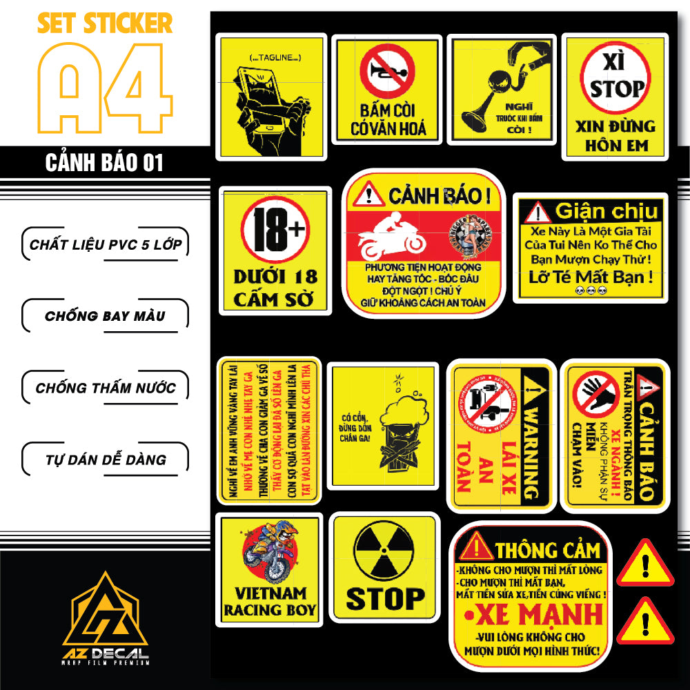 Sticker Dán Ô Tô, Xe Máy, Xe Điện, Xe Đạp, Mũ Bảo Hiểm | SET CẢNH BÁO 01