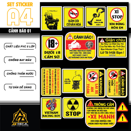 Sticker Dán Ô Tô, Xe Máy, Xe Điện, Xe Đạp, Mũ Bảo Hiểm | SET CẢNH BÁO 01
