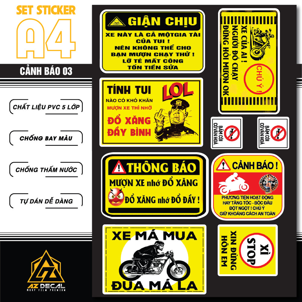 Sticker Dán Ô Tô, Xe Máy, Xe Điện, Xe Đạp, Mũ Bảo Hiểm | SET CẢNH BÁO 03