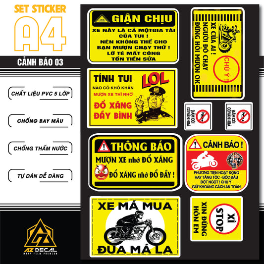 Sticker Dán Ô Tô, Xe Máy, Xe Điện, Xe Đạp, Mũ Bảo Hiểm | SET CẢNH BÁO 03