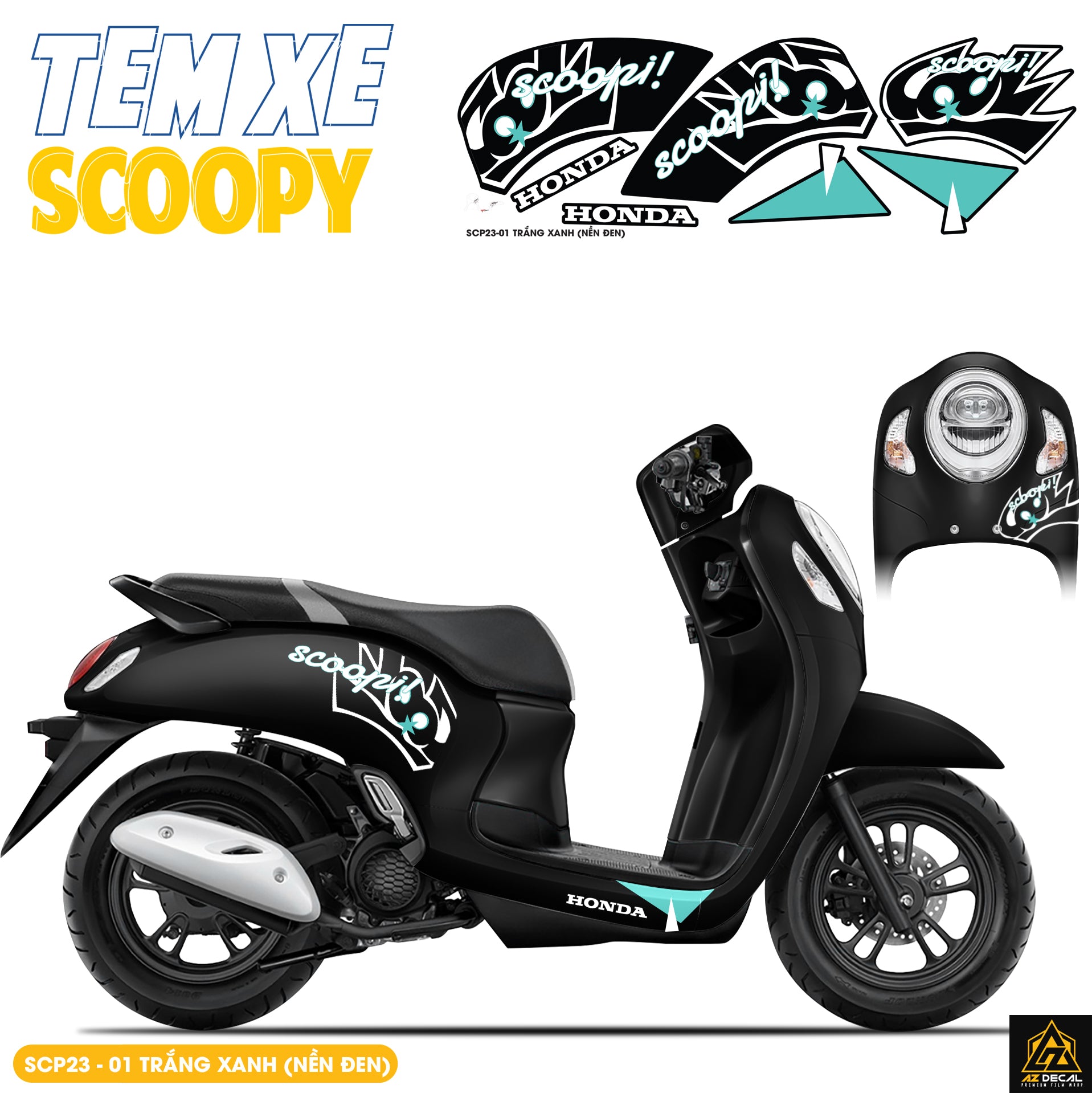 Tem Xe Scoopy Thiết Kế Chữ Scoopi màu trắng xanh