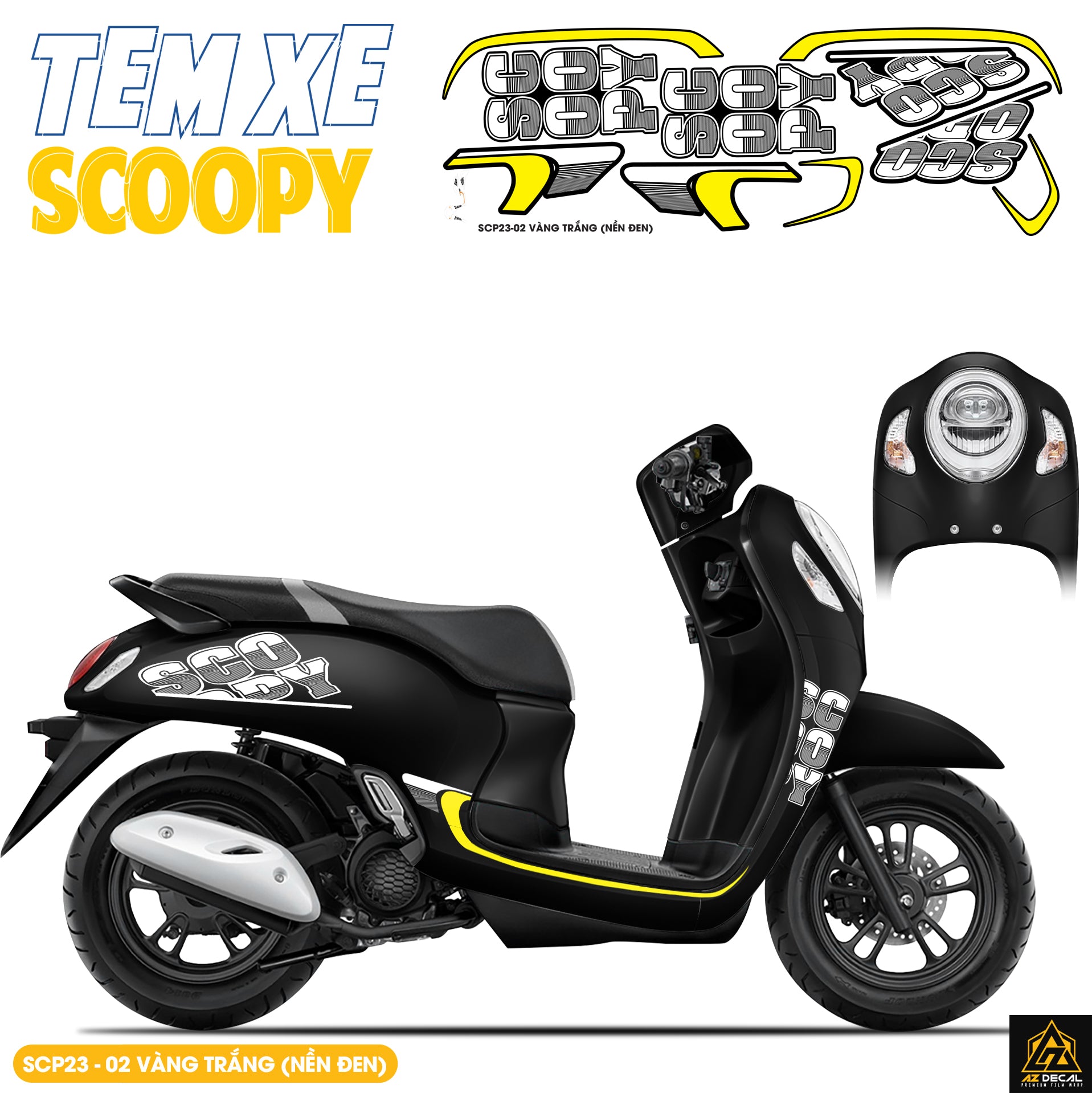 Tem Xe Scoopy Thiết Kế Chữ màu vàng trắng