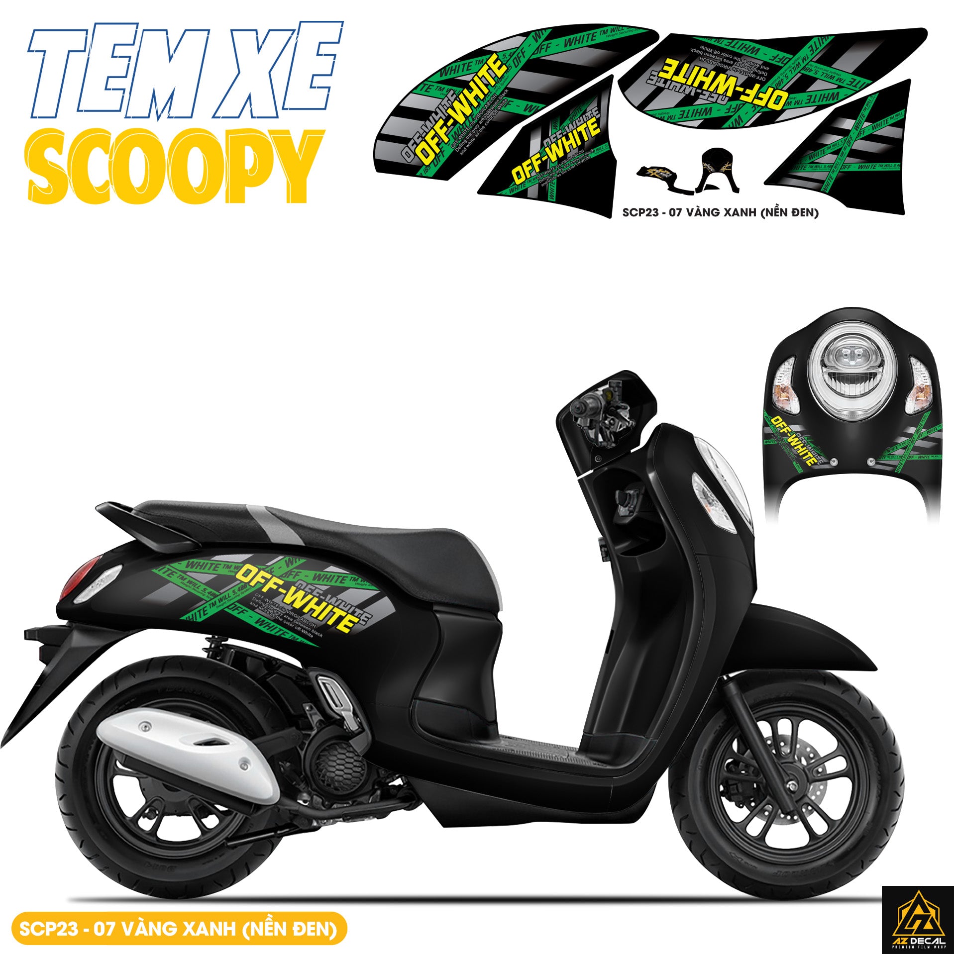 Tem Xe Scoopy Thiết Kế Off White màu vàng xanh