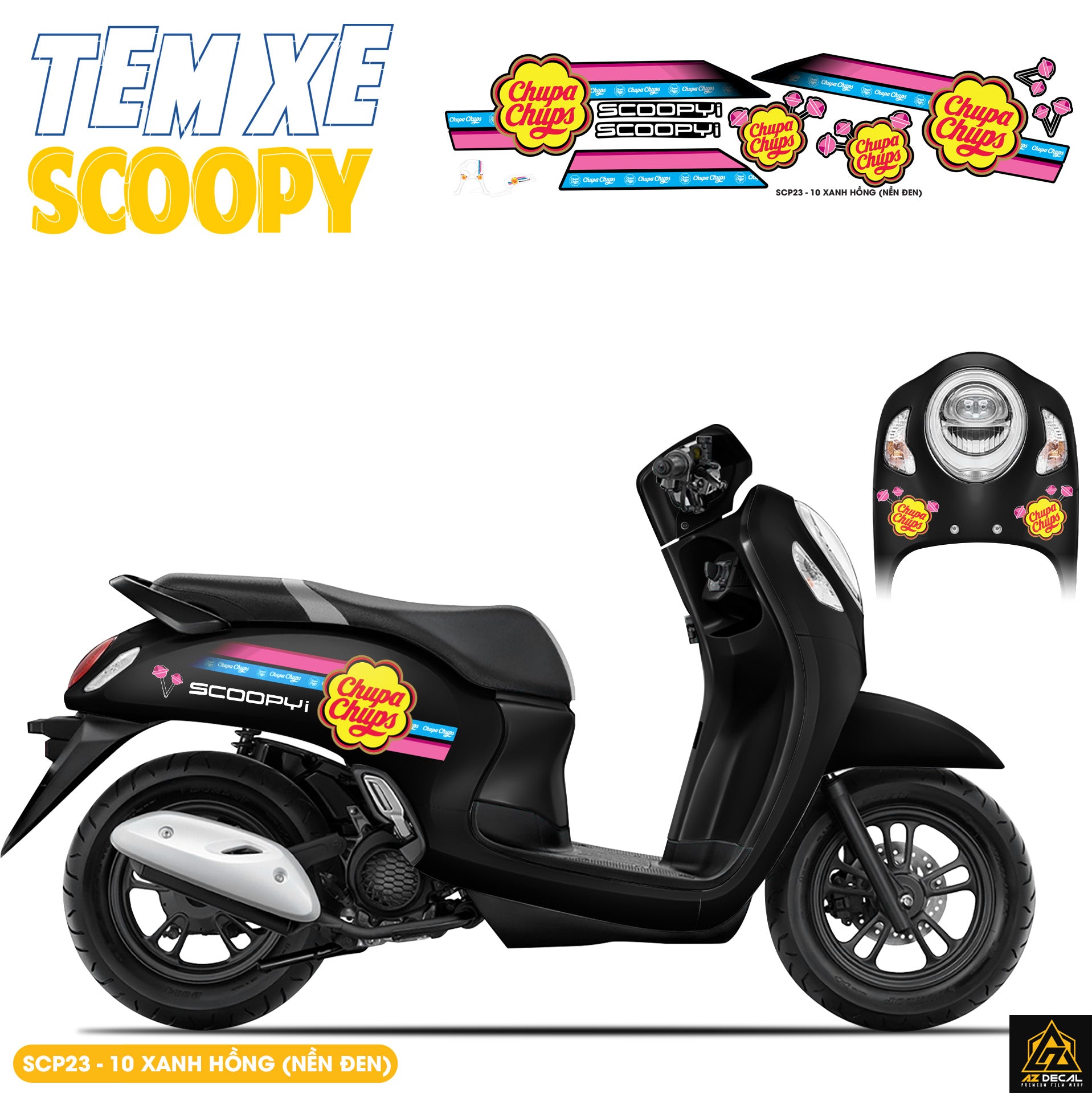 Tem Xe Scoopy Thiết Kế Chupa Chups màu xanh hồng
