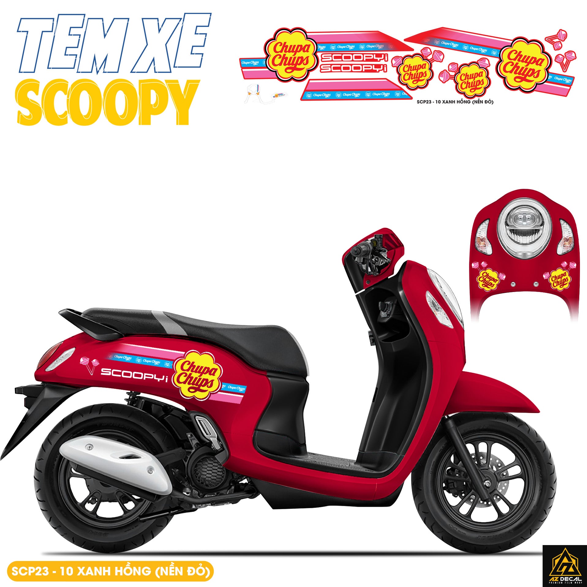Tem Xe Scoopy Thiết Kế Chupa Chups màu xanh hồng nền đỏ