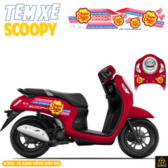 Tem Xe Scoopy Thiết Kế Chupa Chups màu xanh hồng nền đỏ