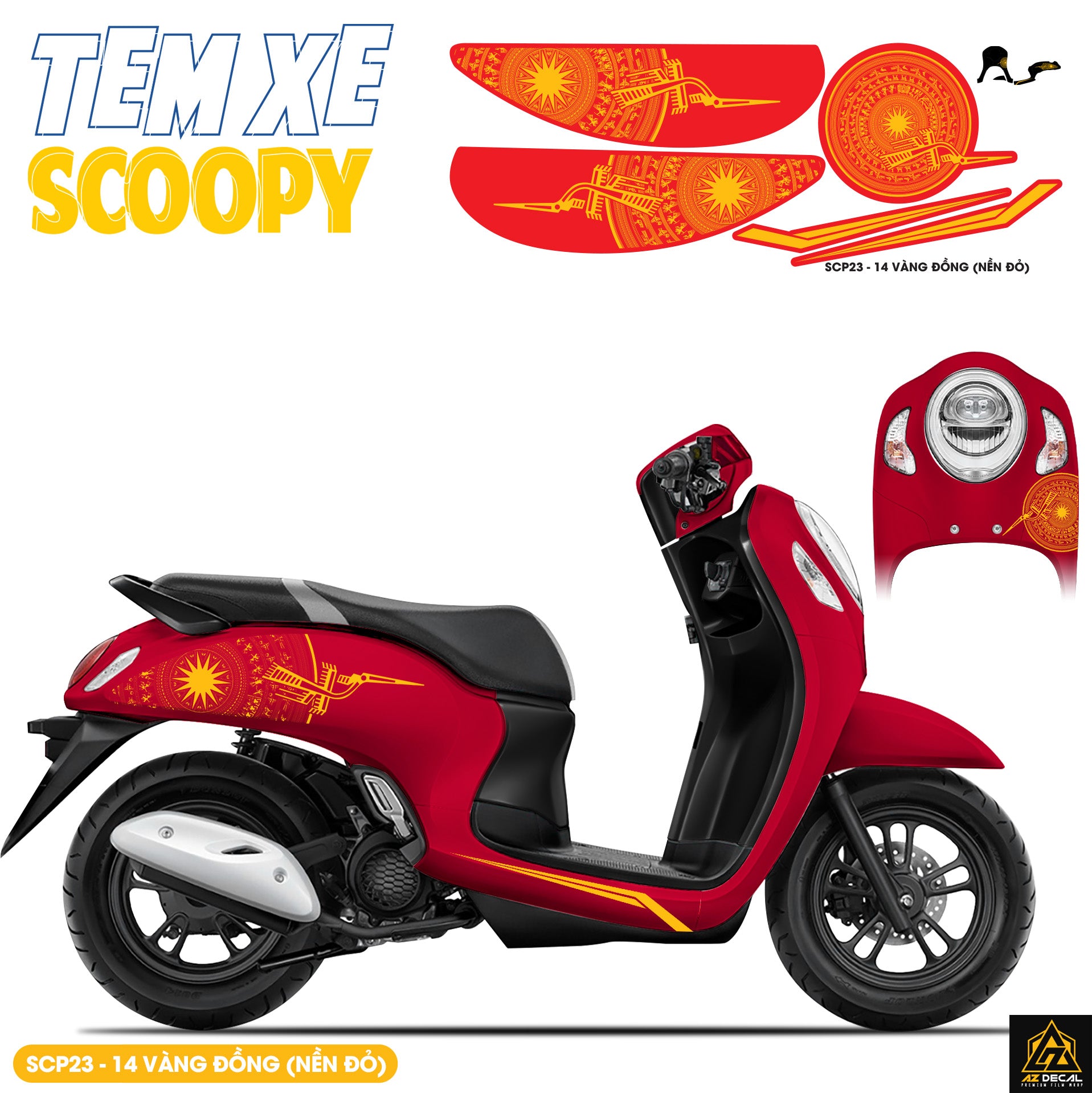 Tem Xe Scoopy Thiết Kế Trống Đồng màu vàng đồng nền đỏ