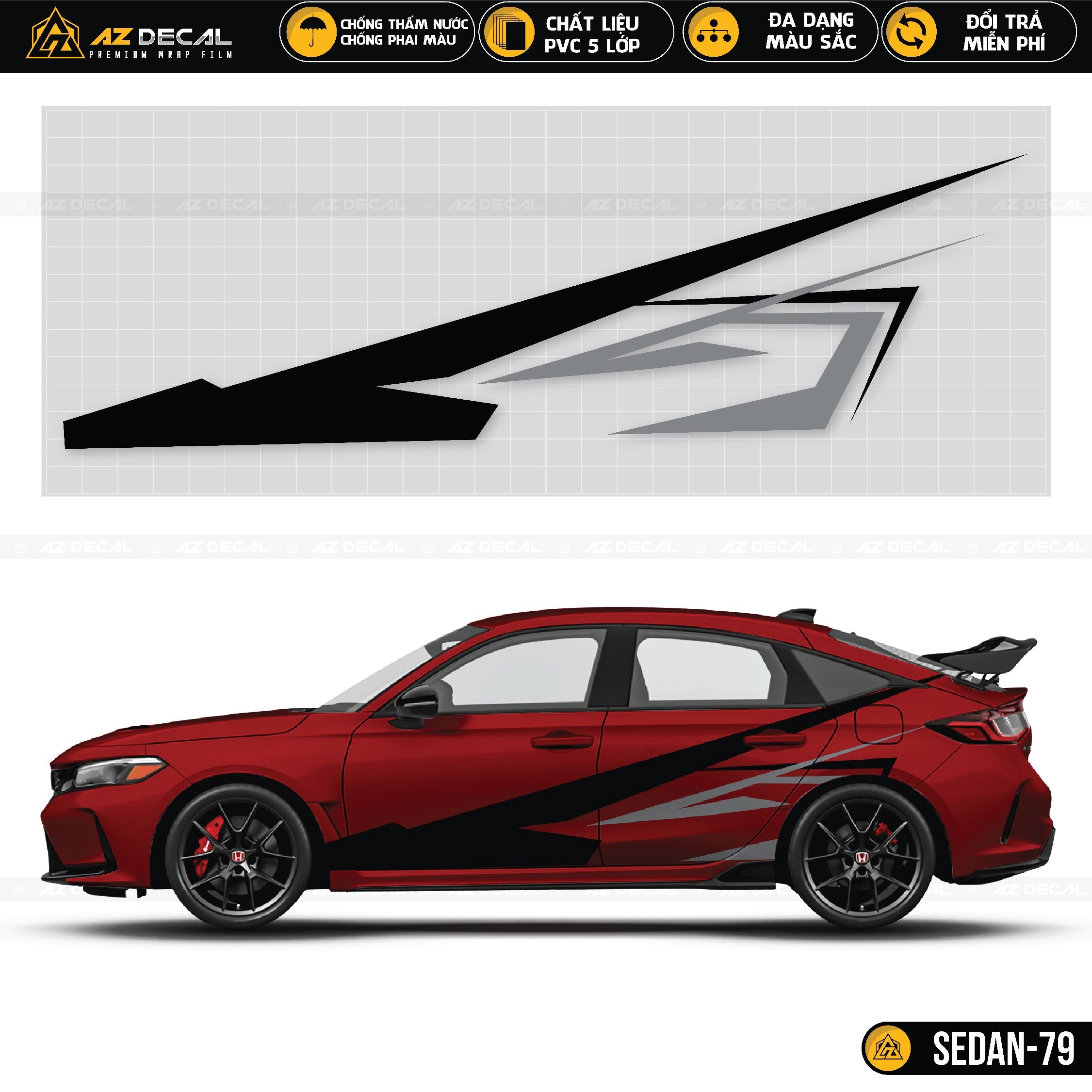 Dán sườn xe ô tô Sedan đỏ decal đen xám phong cách