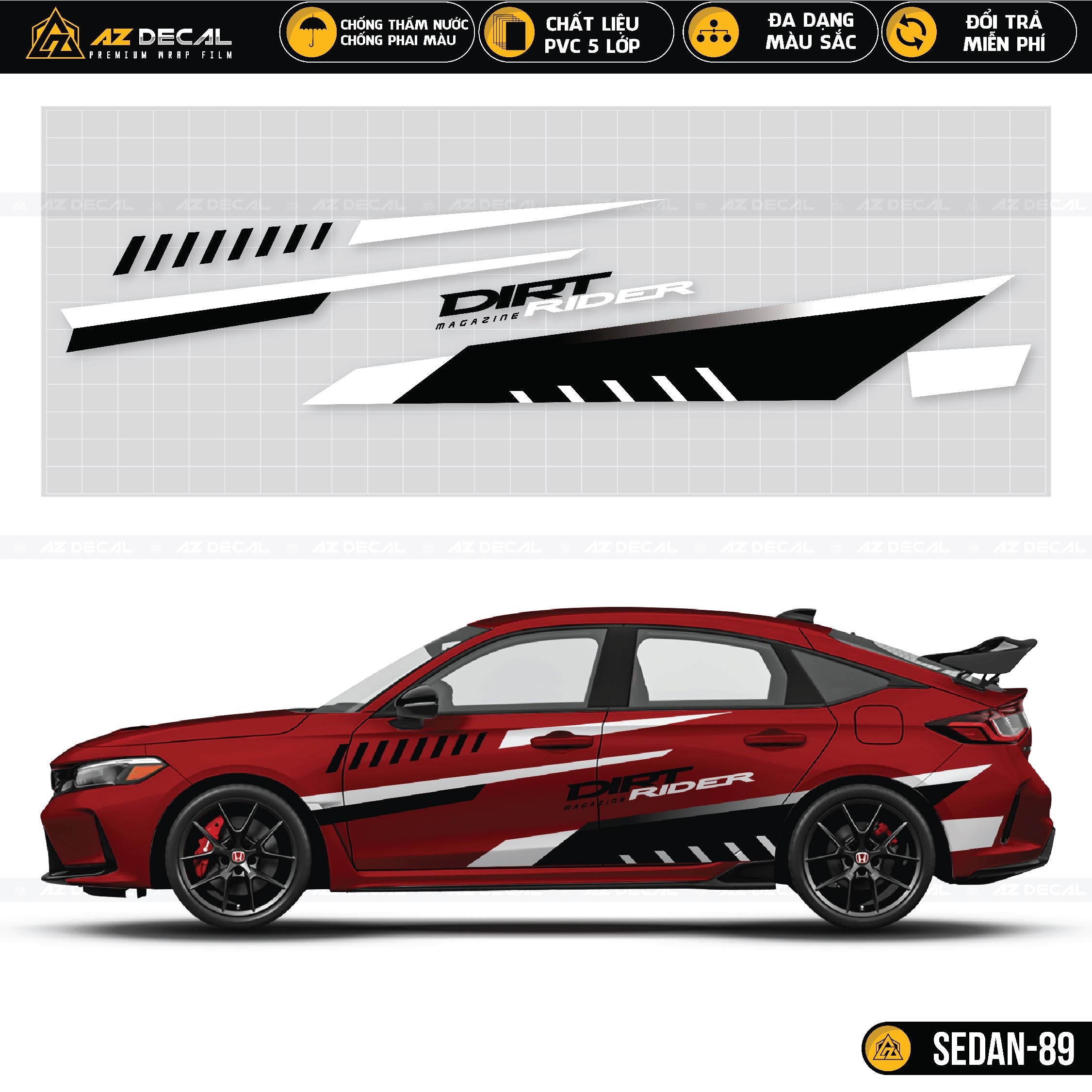 Tem xe dán ô tô Sedan đỏ phong cách Dirt Rider