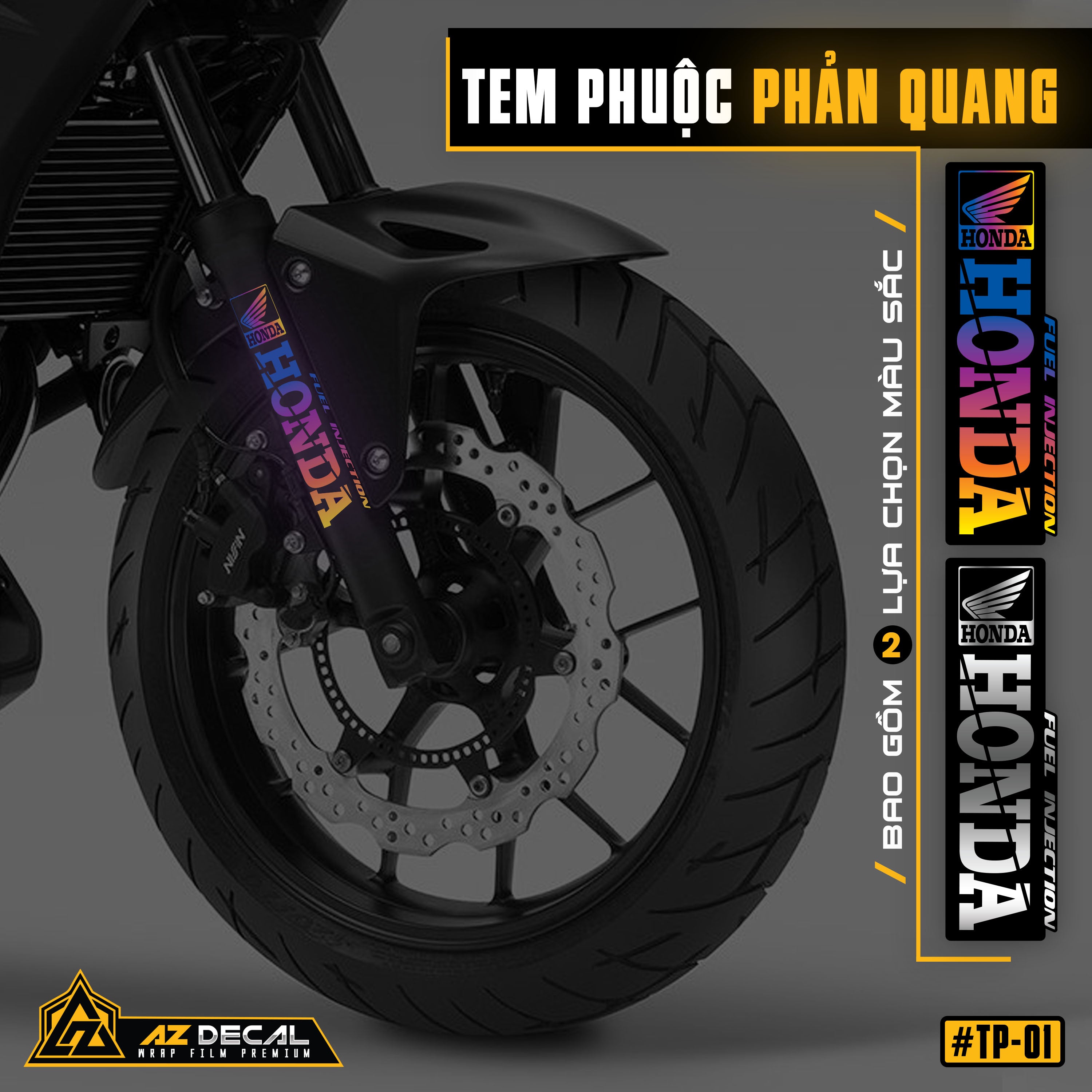 Tem dán phuộc trước Honda phản quang màu bạc