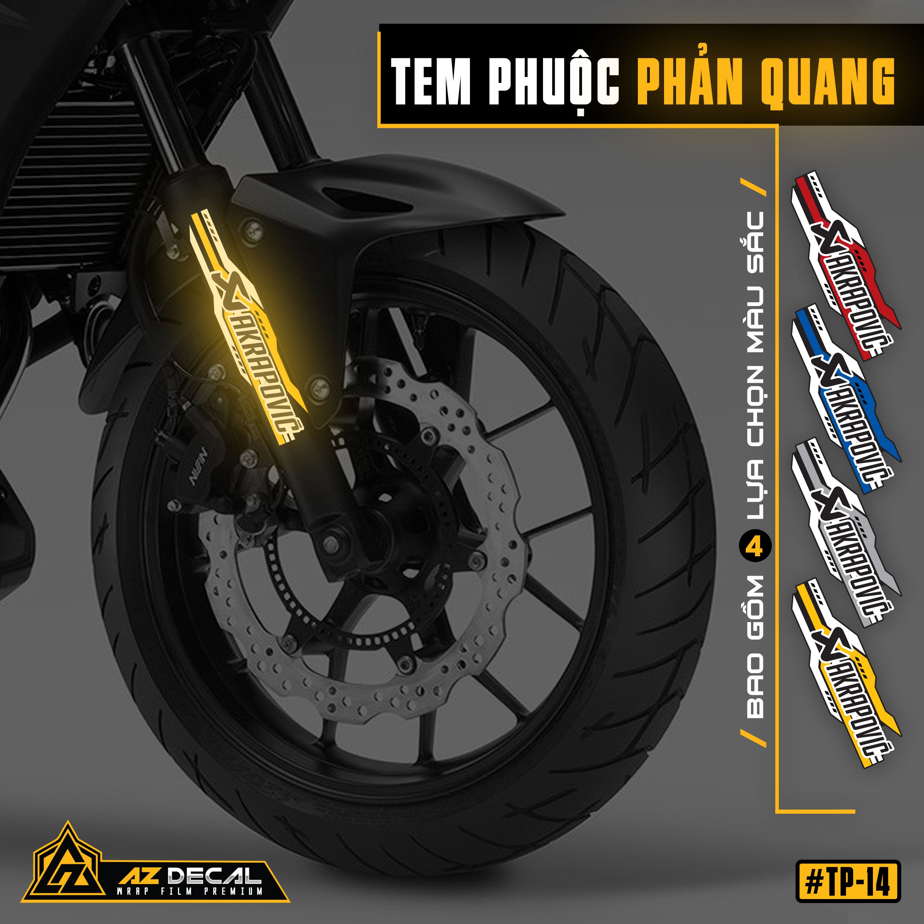 Tem phuộc xe máy, xe điện Akrapovic màu vàng