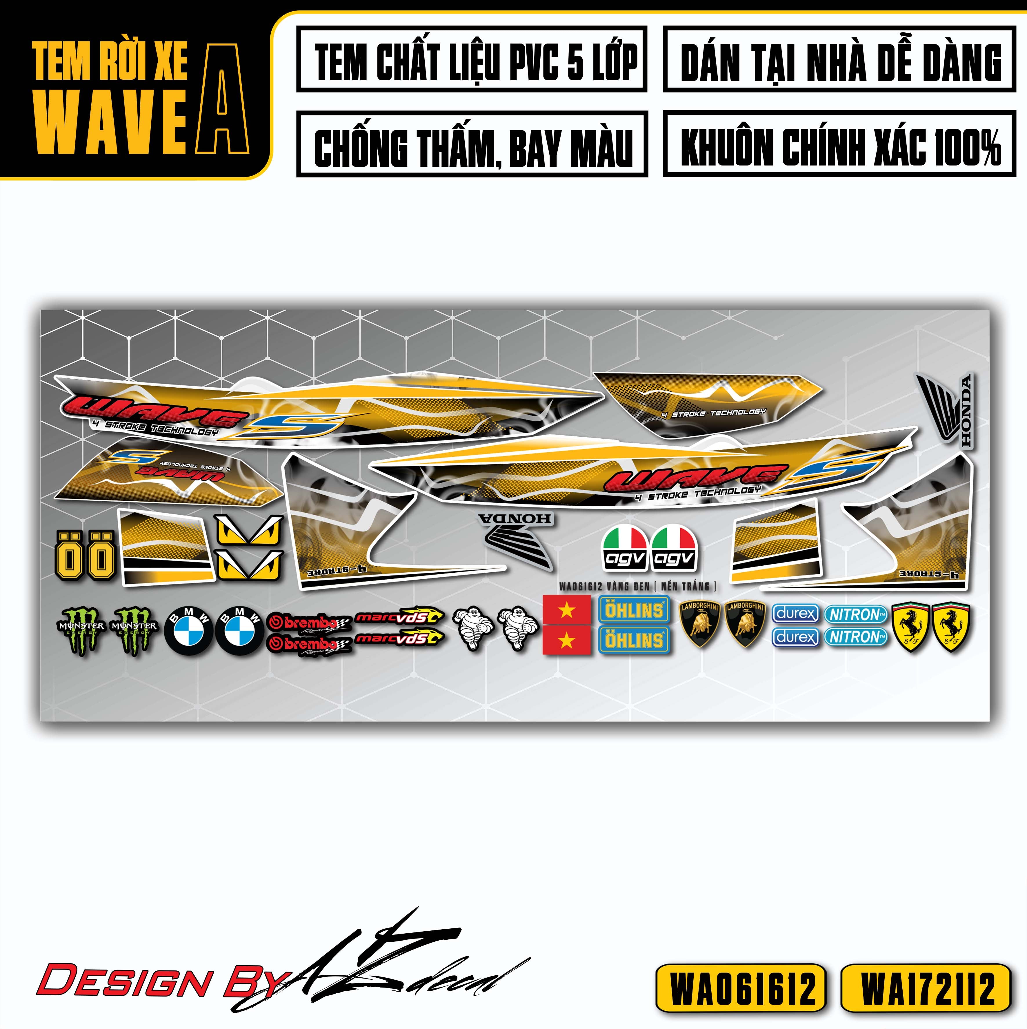 Tem xe Wave A màu vàng đen dán xe trắng