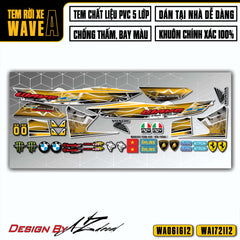 Tem xe Wave A màu vàng đen dán xe trắng