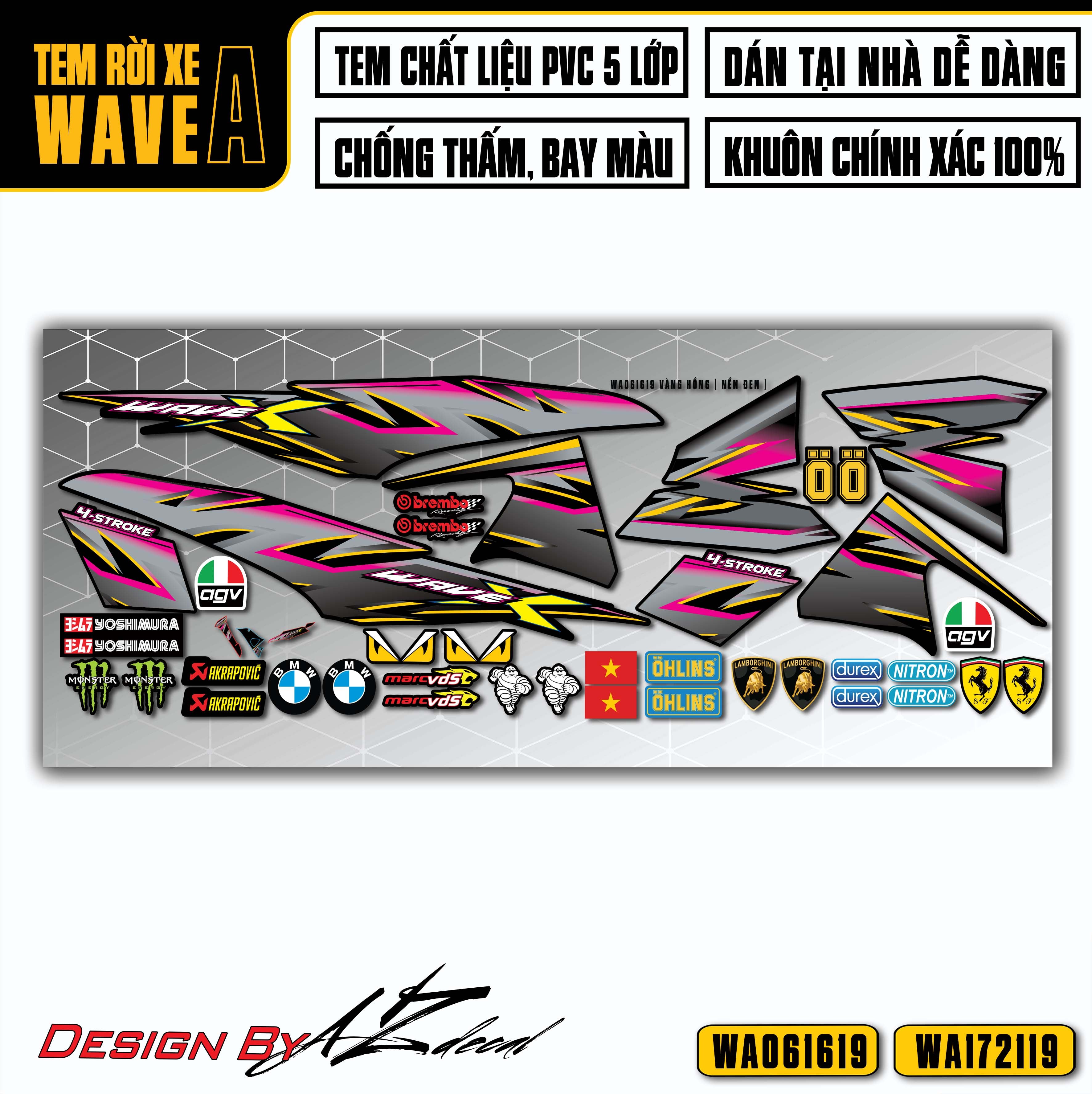 Decal xe Wave Alpha màu vàng hồng (nền đen)