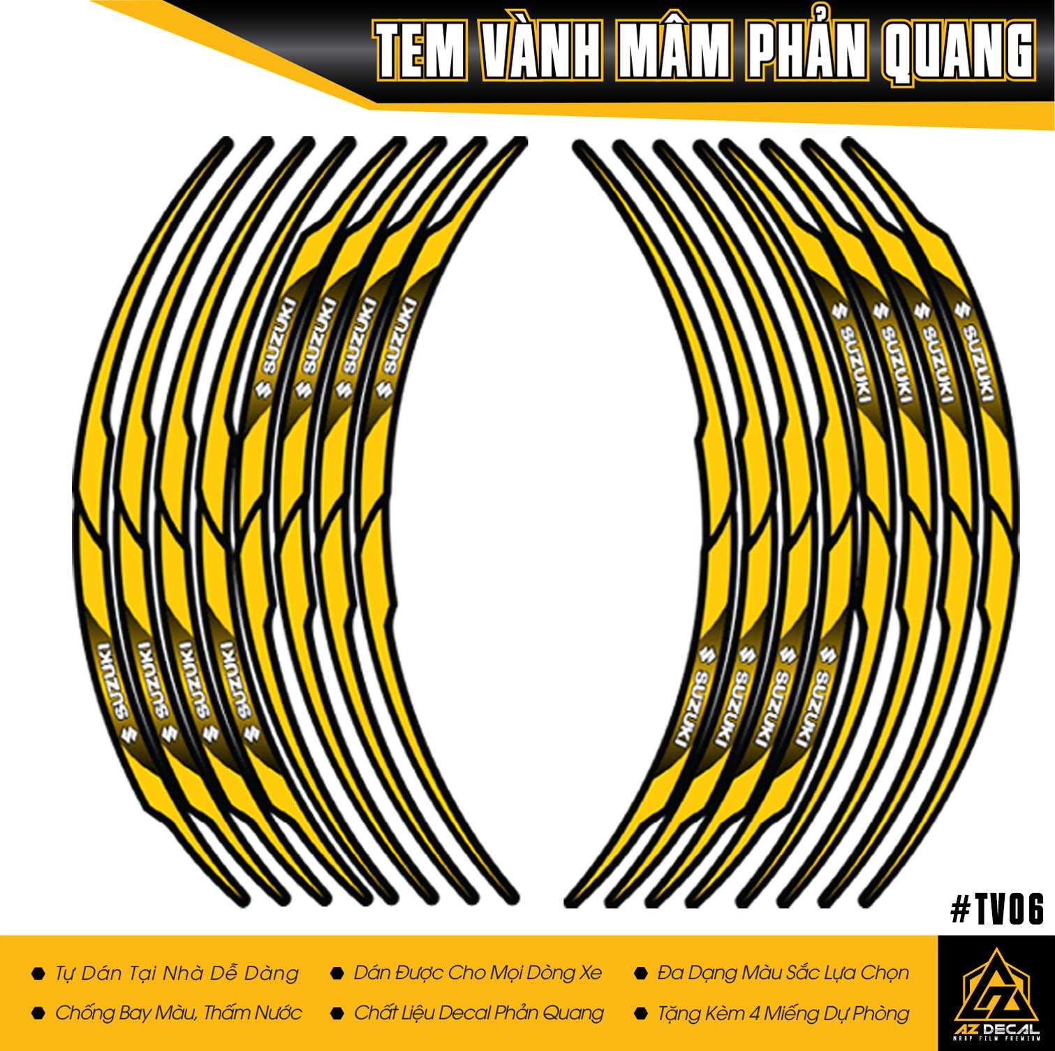 Tem dán vành Suzuki màu vàng phản quang
